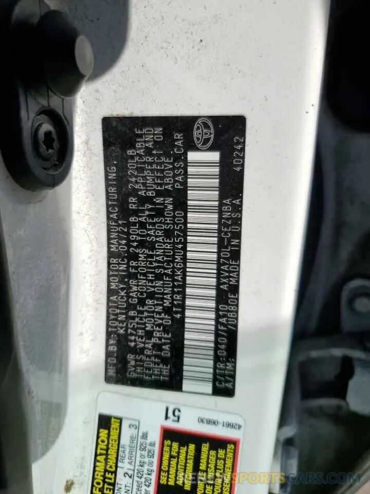 15 Photograph of a damaged car 4T1R11AK6MU457500 TOYOTA CAMRY 2021