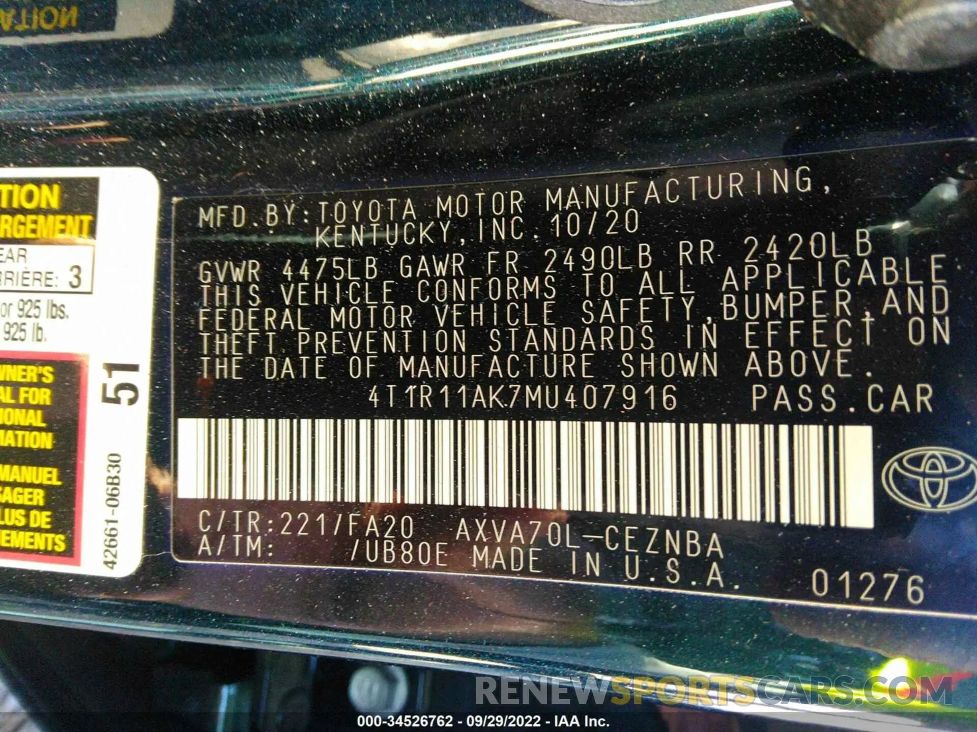 9 Photograph of a damaged car 4T1R11AK7MU407916 TOYOTA CAMRY 2021