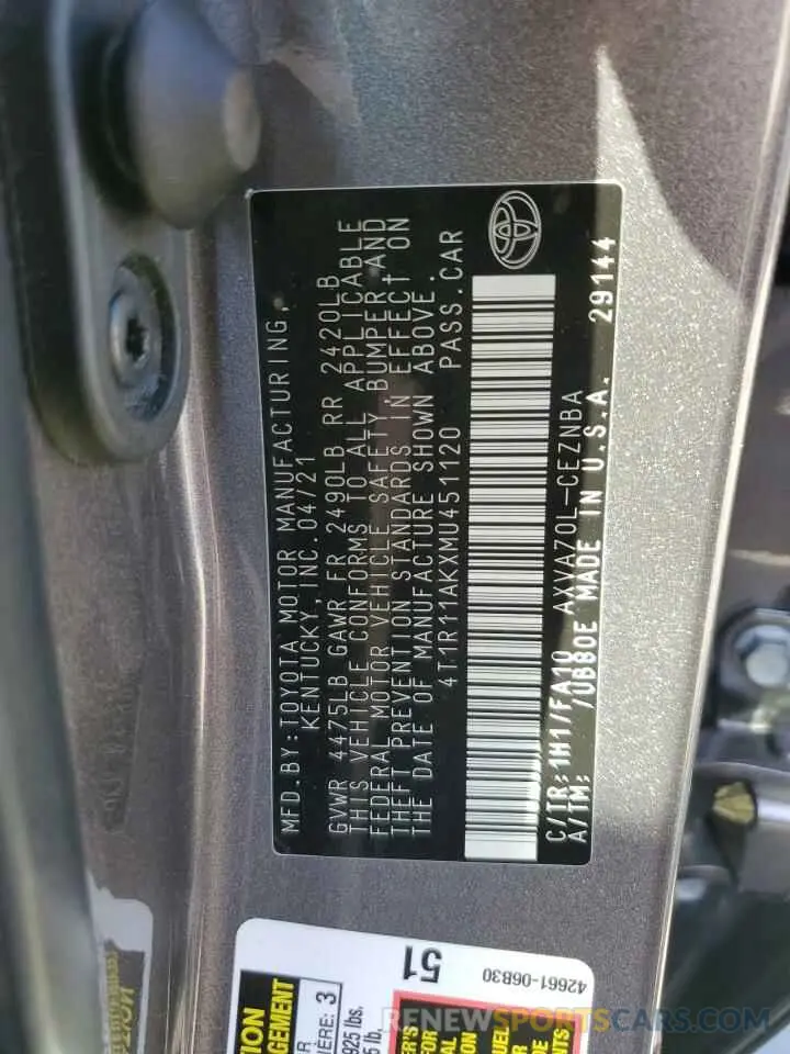 13 Фотография поврежденного автомобиля 4T1R11AKXMU451120 TOYOTA CAMRY 2021
