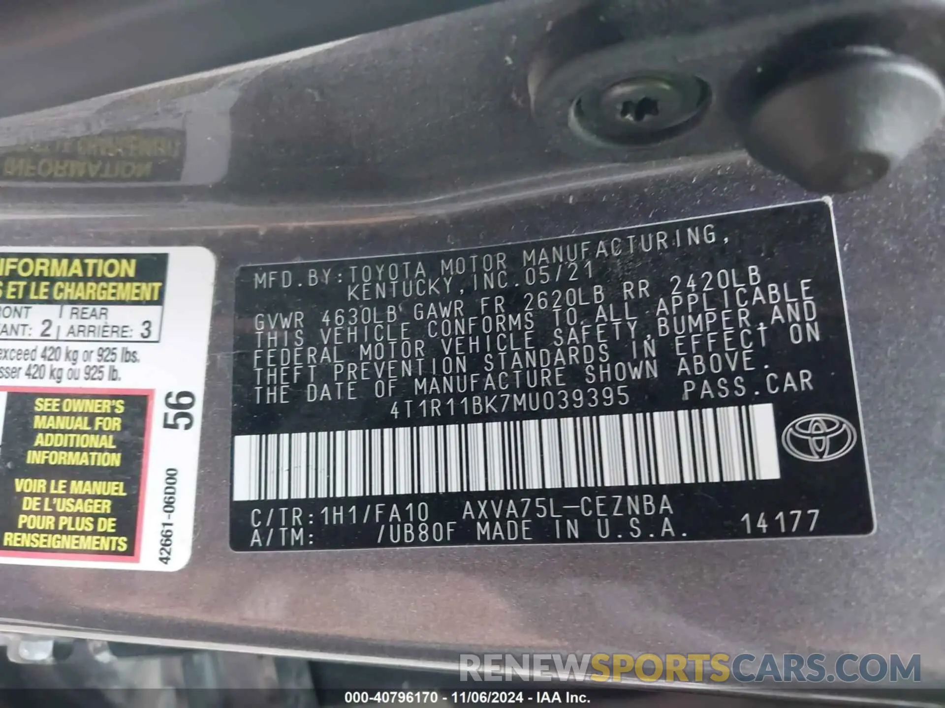 9 Фотография поврежденного автомобиля 4T1R11BK7MU039395 TOYOTA CAMRY 2021