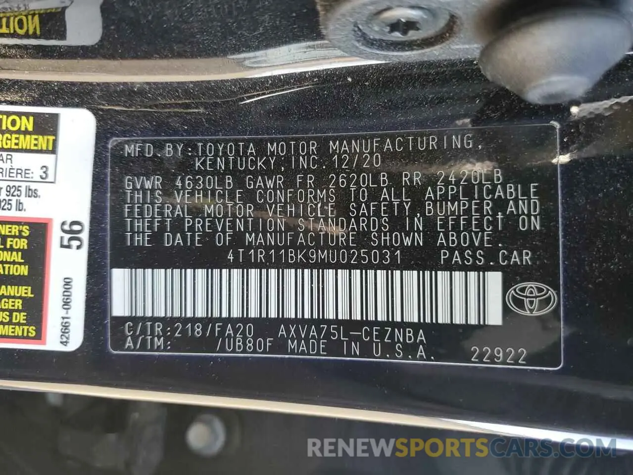 13 Photograph of a damaged car 4T1R11BK9MU025031 TOYOTA CAMRY 2021