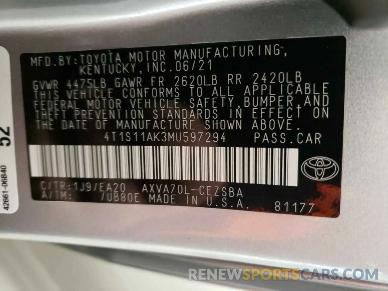 13 Photograph of a damaged car 4T1S11AK3MU597294 TOYOTA CAMRY 2021
