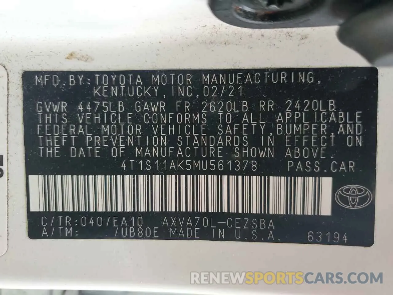 14 Фотография поврежденного автомобиля 4T1S11AK5MU561378 TOYOTA CAMRY 2021