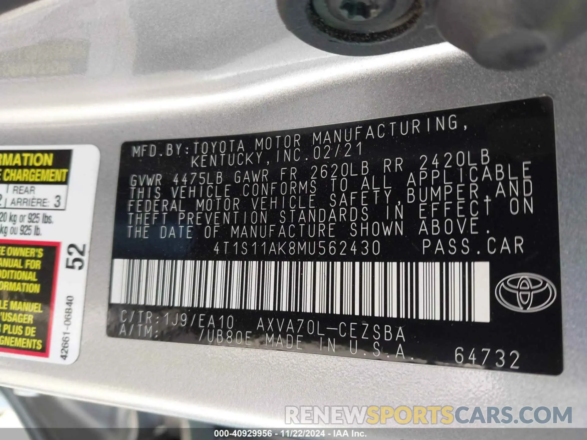 9 Фотография поврежденного автомобиля 4T1S11AK8MU562430 TOYOTA CAMRY 2021