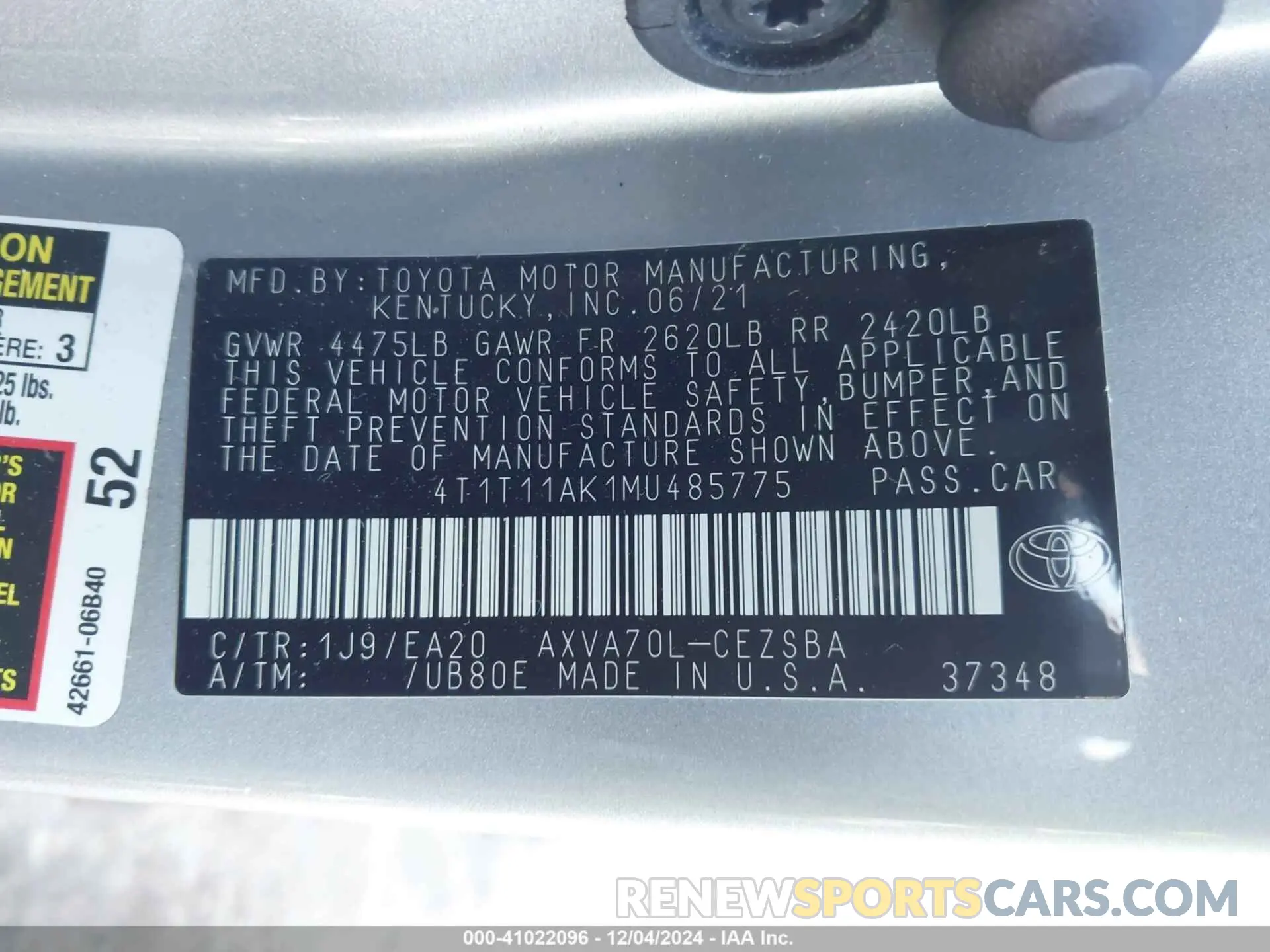 9 Фотография поврежденного автомобиля 4T1T11AK1MU485775 TOYOTA CAMRY 2021