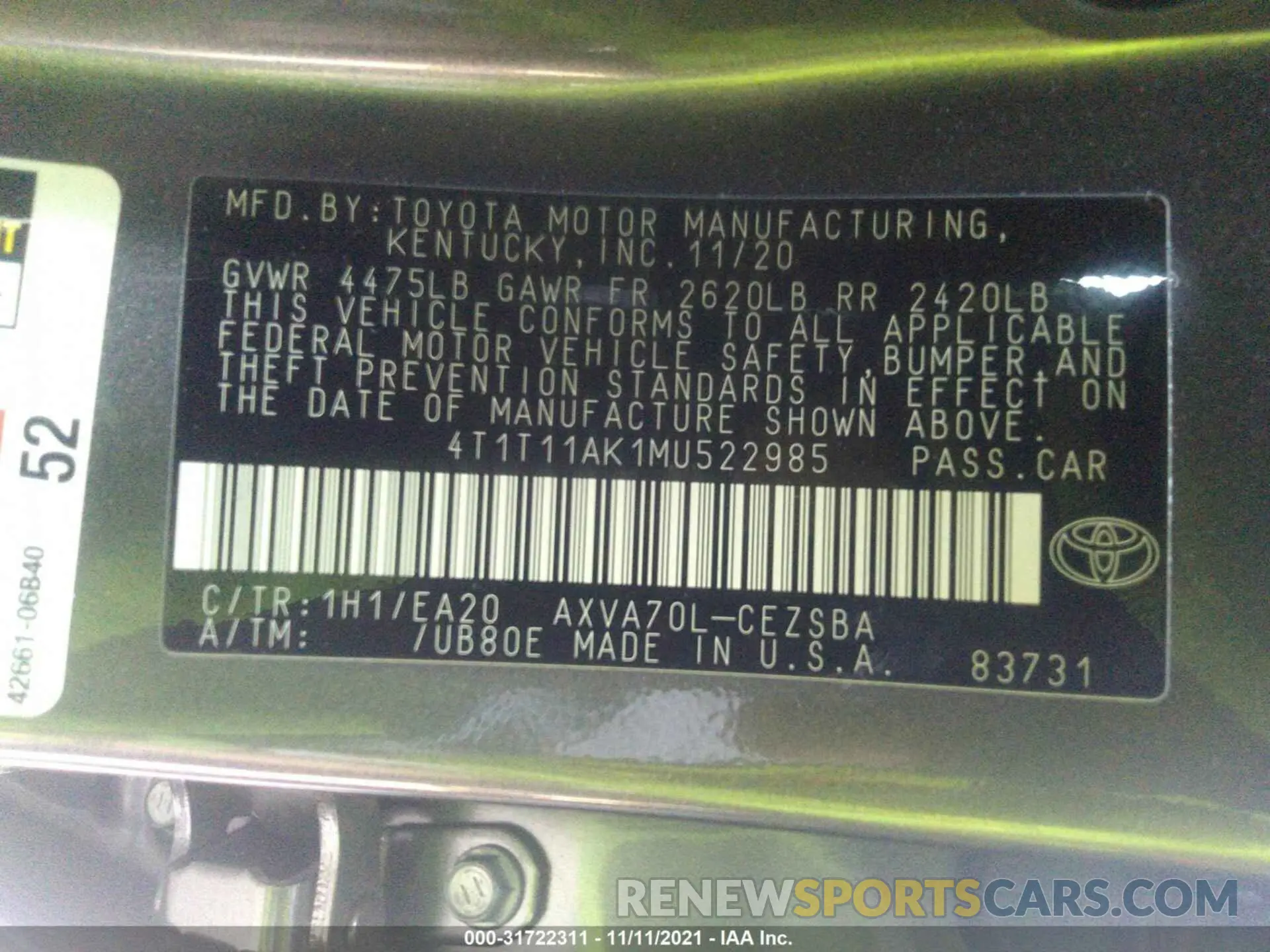 9 Фотография поврежденного автомобиля 4T1T11AK1MU522985 TOYOTA CAMRY 2021