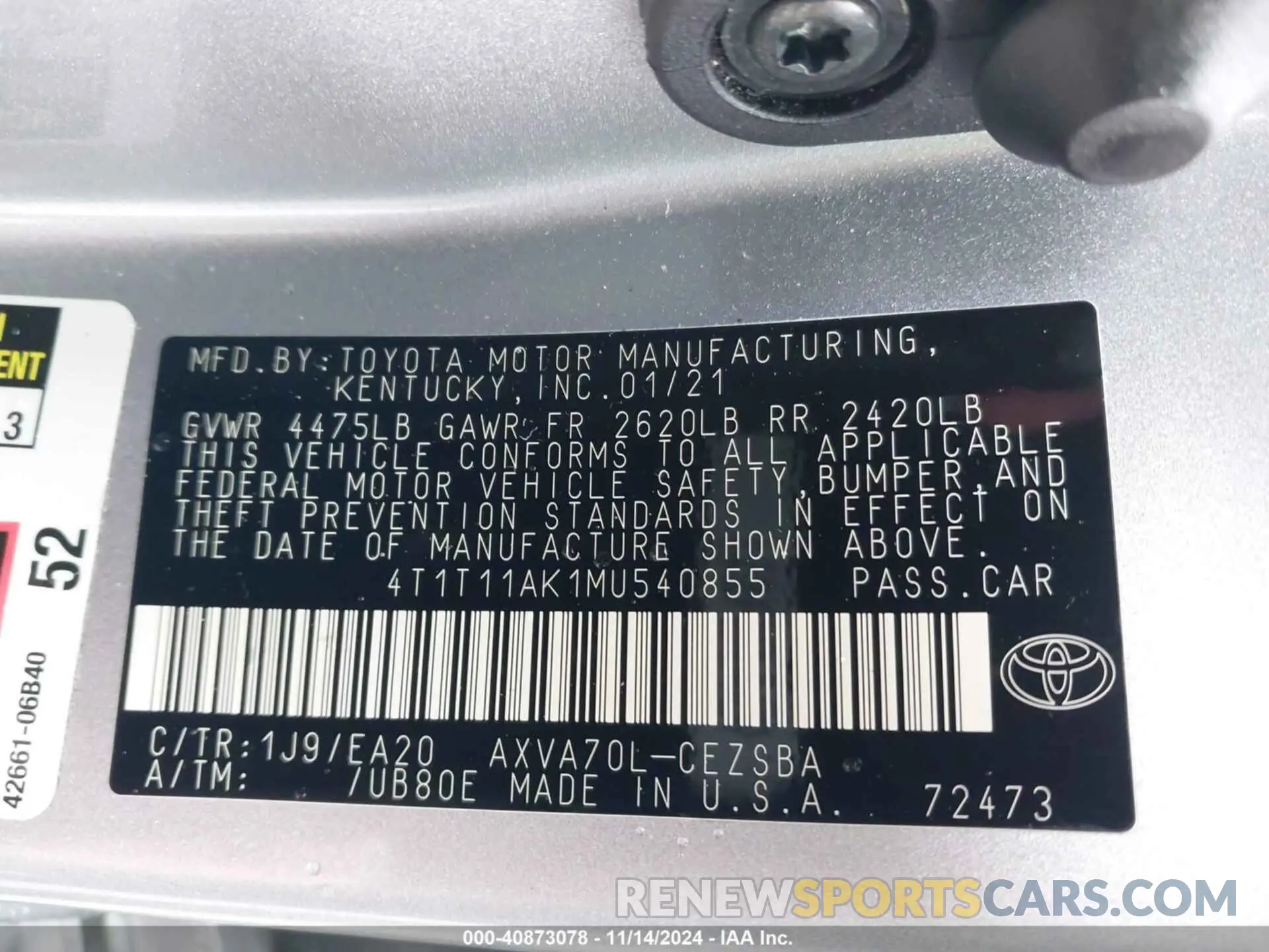 9 Photograph of a damaged car 4T1T11AK1MU540855 TOYOTA CAMRY 2021