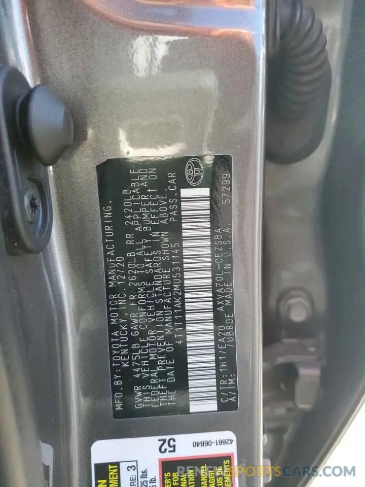 13 Photograph of a damaged car 4T1T11AK2MU531145 TOYOTA CAMRY 2021