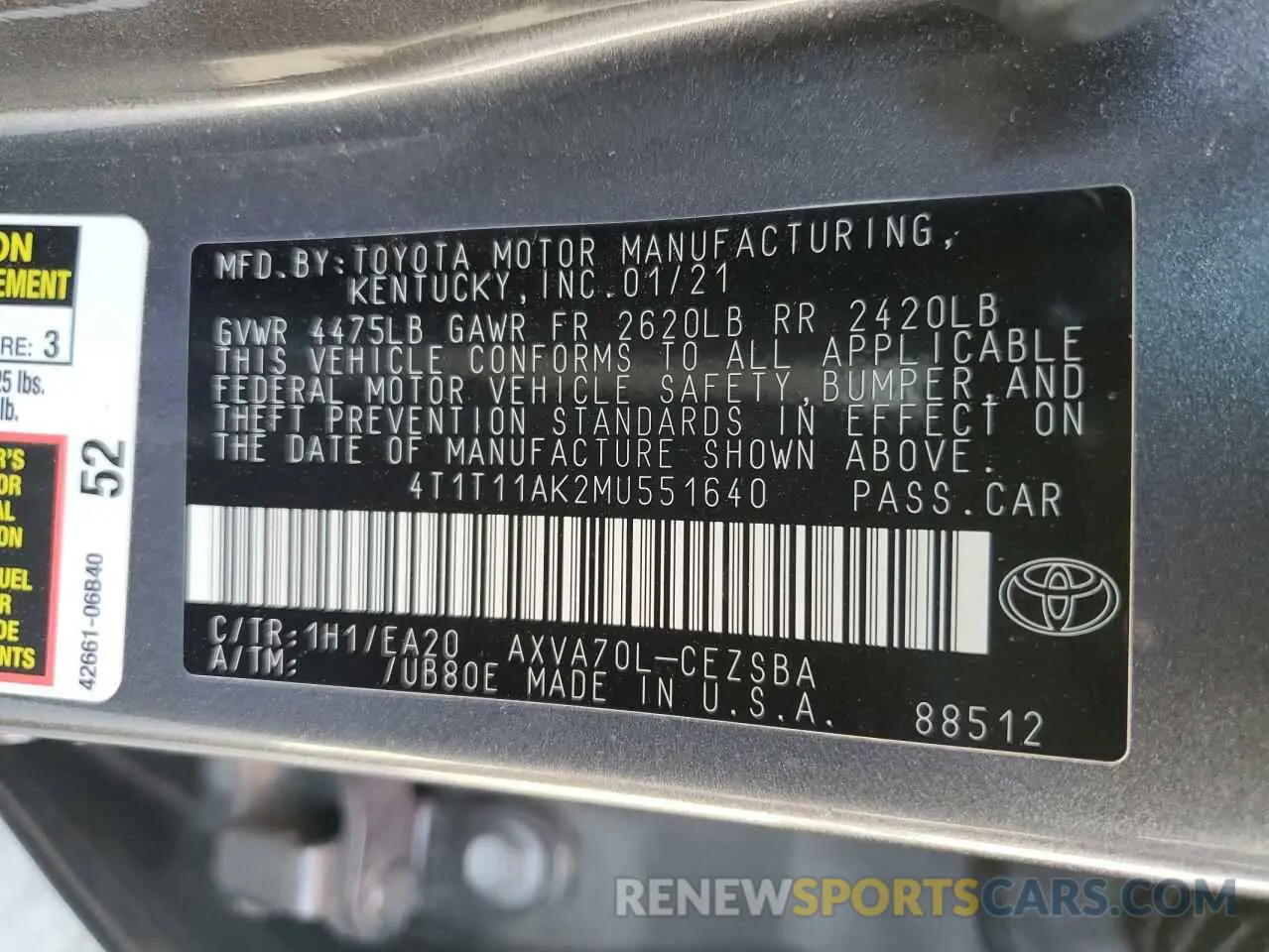 12 Фотография поврежденного автомобиля 4T1T11AK2MU551640 TOYOTA CAMRY 2021