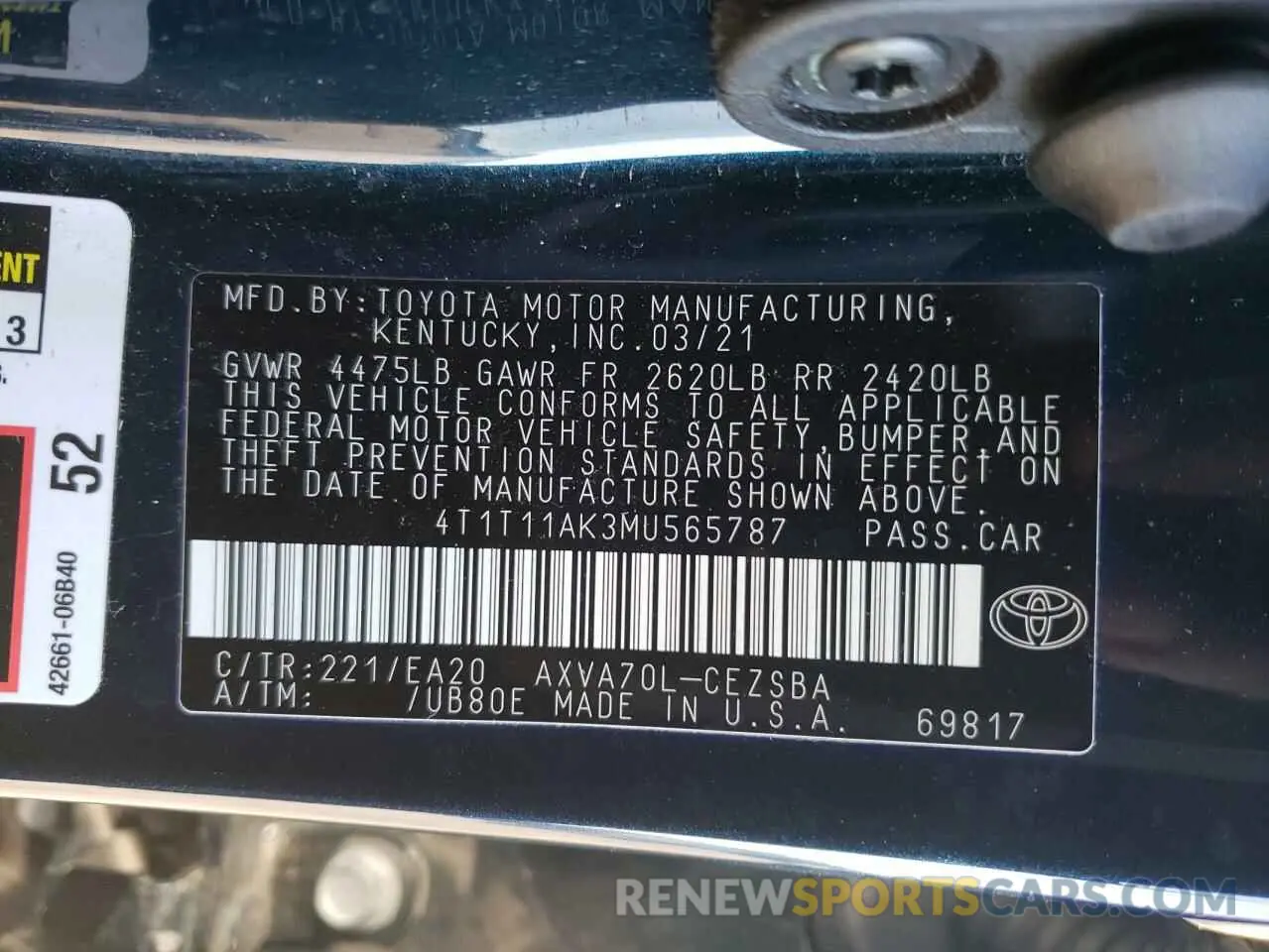 12 Photograph of a damaged car 4T1T11AK3MU565787 TOYOTA CAMRY 2021