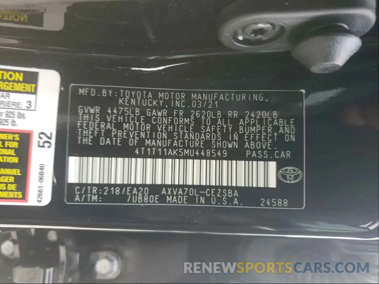 10 Photograph of a damaged car 4T1T11AK5MU448549 TOYOTA CAMRY 2021