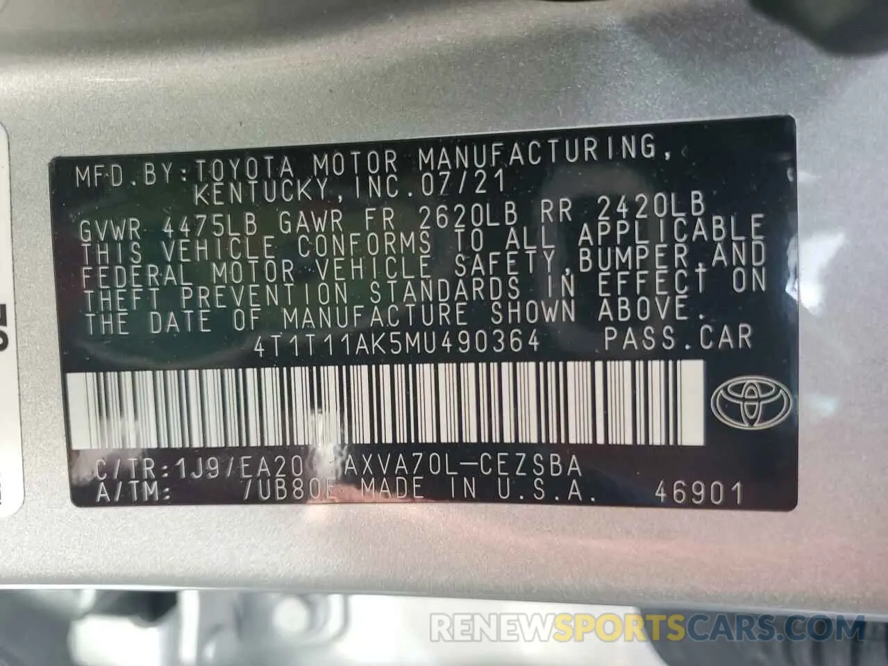 12 Photograph of a damaged car 4T1T11AK5MU490364 TOYOTA CAMRY 2021
