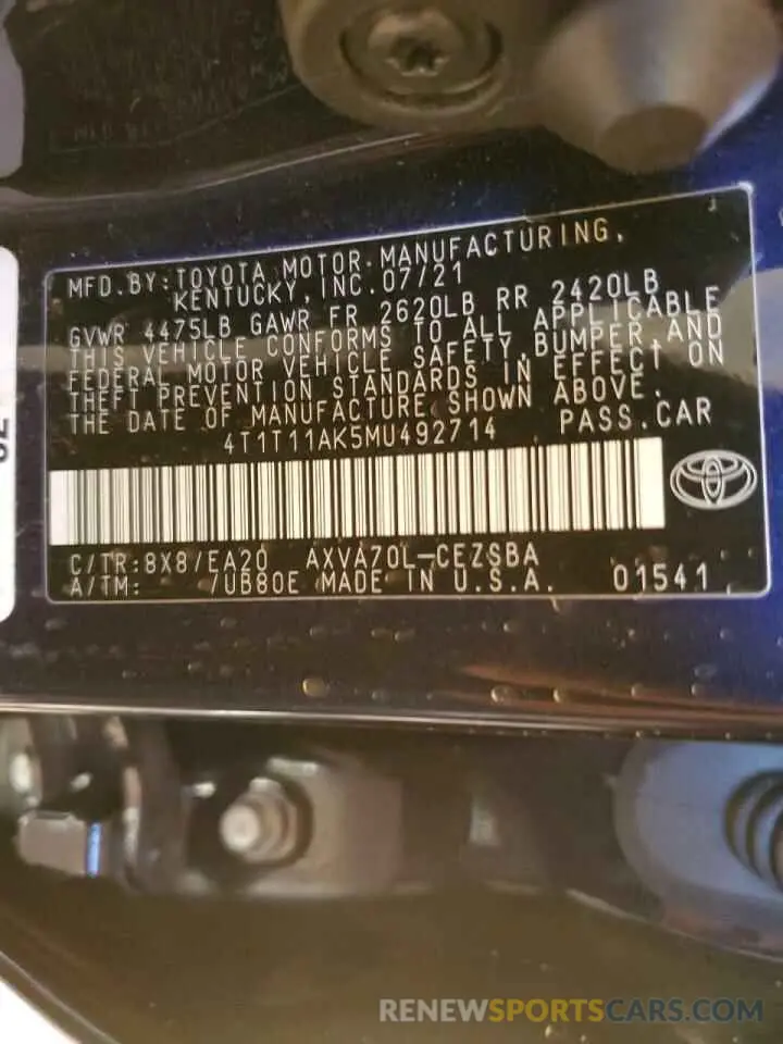 10 Photograph of a damaged car 4T1T11AK5MU492714 TOYOTA CAMRY 2021