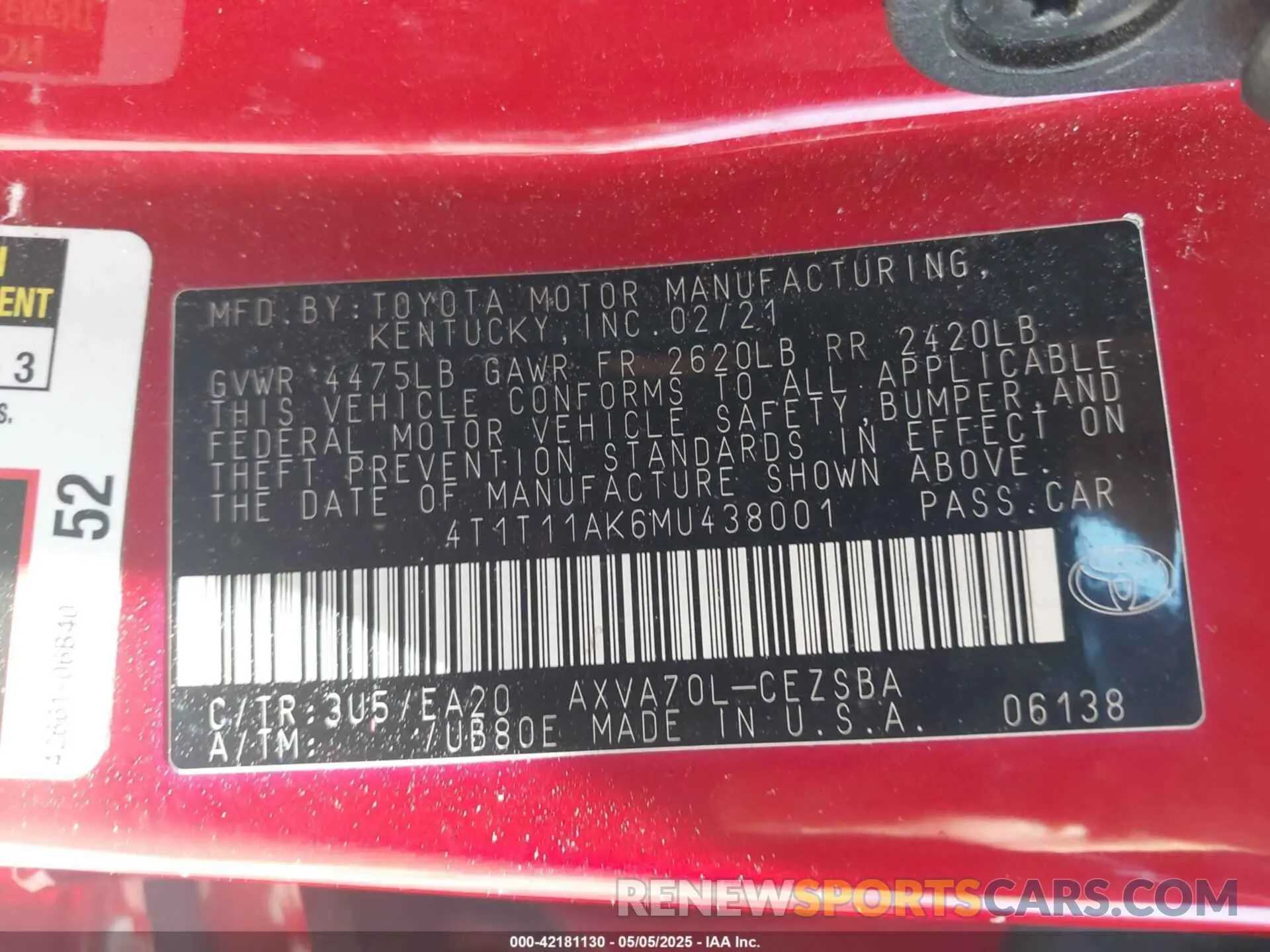 9 Photograph of a damaged car 4T1T11AK6MU438001 TOYOTA CAMRY 2021