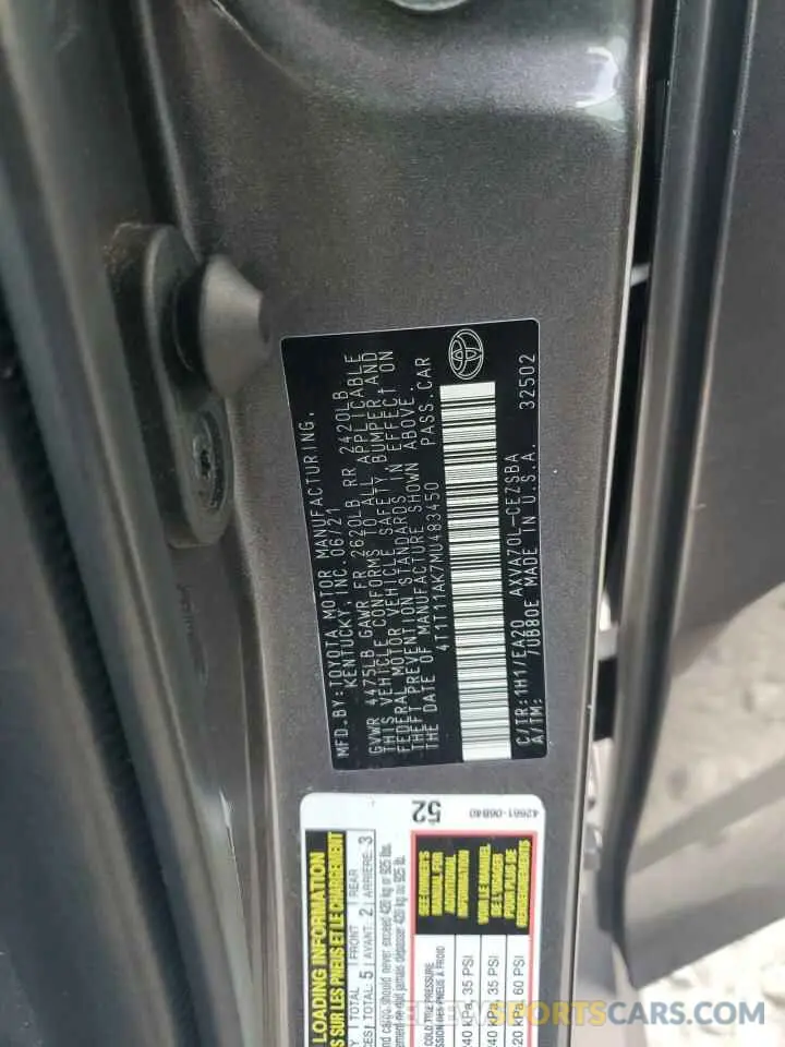 12 Фотография поврежденного автомобиля 4T1T11AK7MU483450 TOYOTA CAMRY 2021