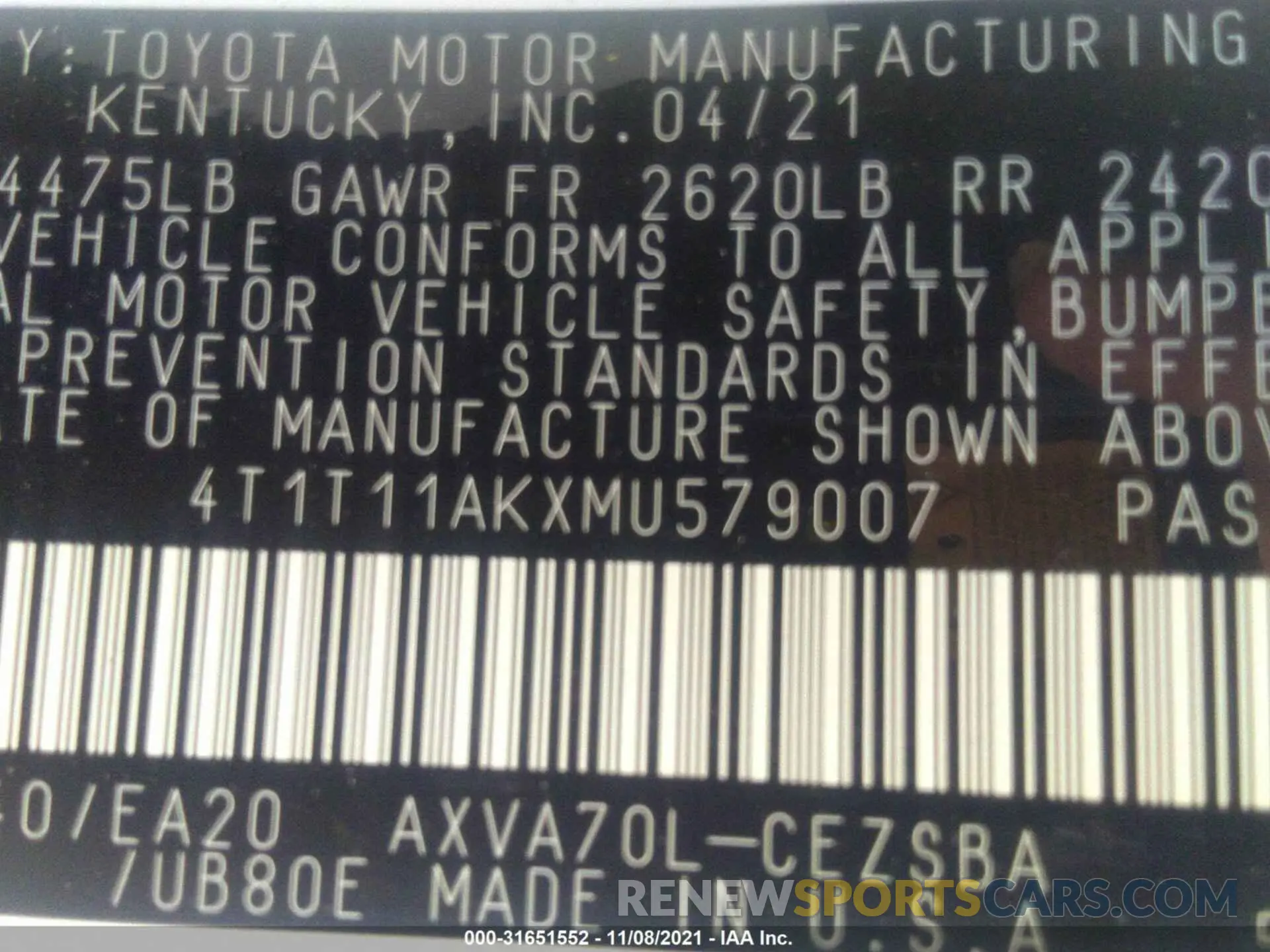 9 Фотография поврежденного автомобиля 4T1T11AKXMU579007 TOYOTA CAMRY 2021