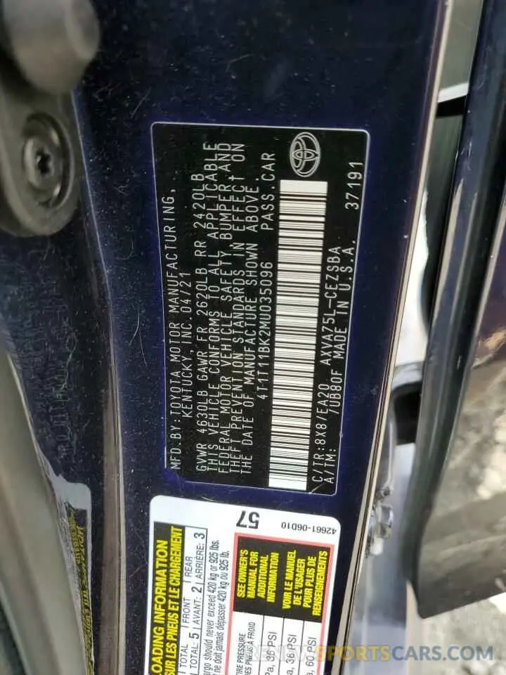 12 Фотография поврежденного автомобиля 4T1T11BK2MU035096 TOYOTA CAMRY 2021