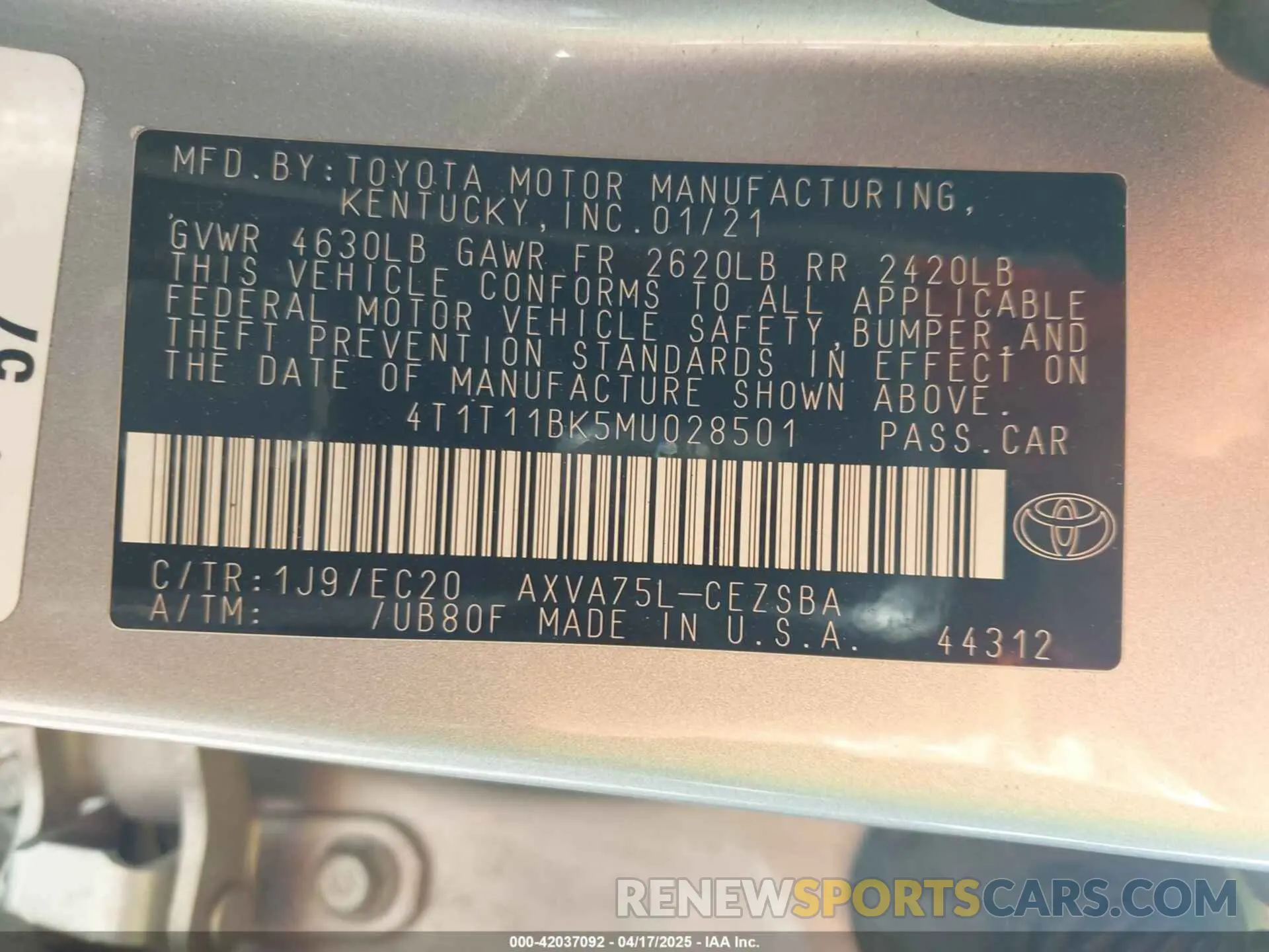 9 Фотография поврежденного автомобиля 4T1T11BK5MU028501 TOYOTA CAMRY 2021