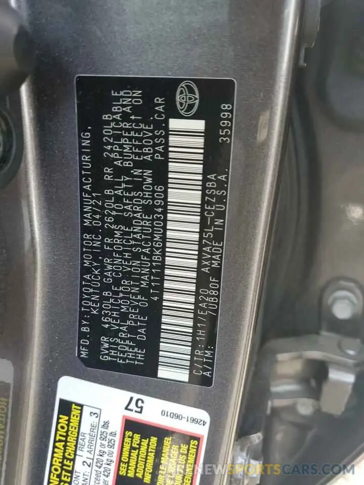 12 Фотография поврежденного автомобиля 4T1T11BK6MU034906 TOYOTA CAMRY 2021
