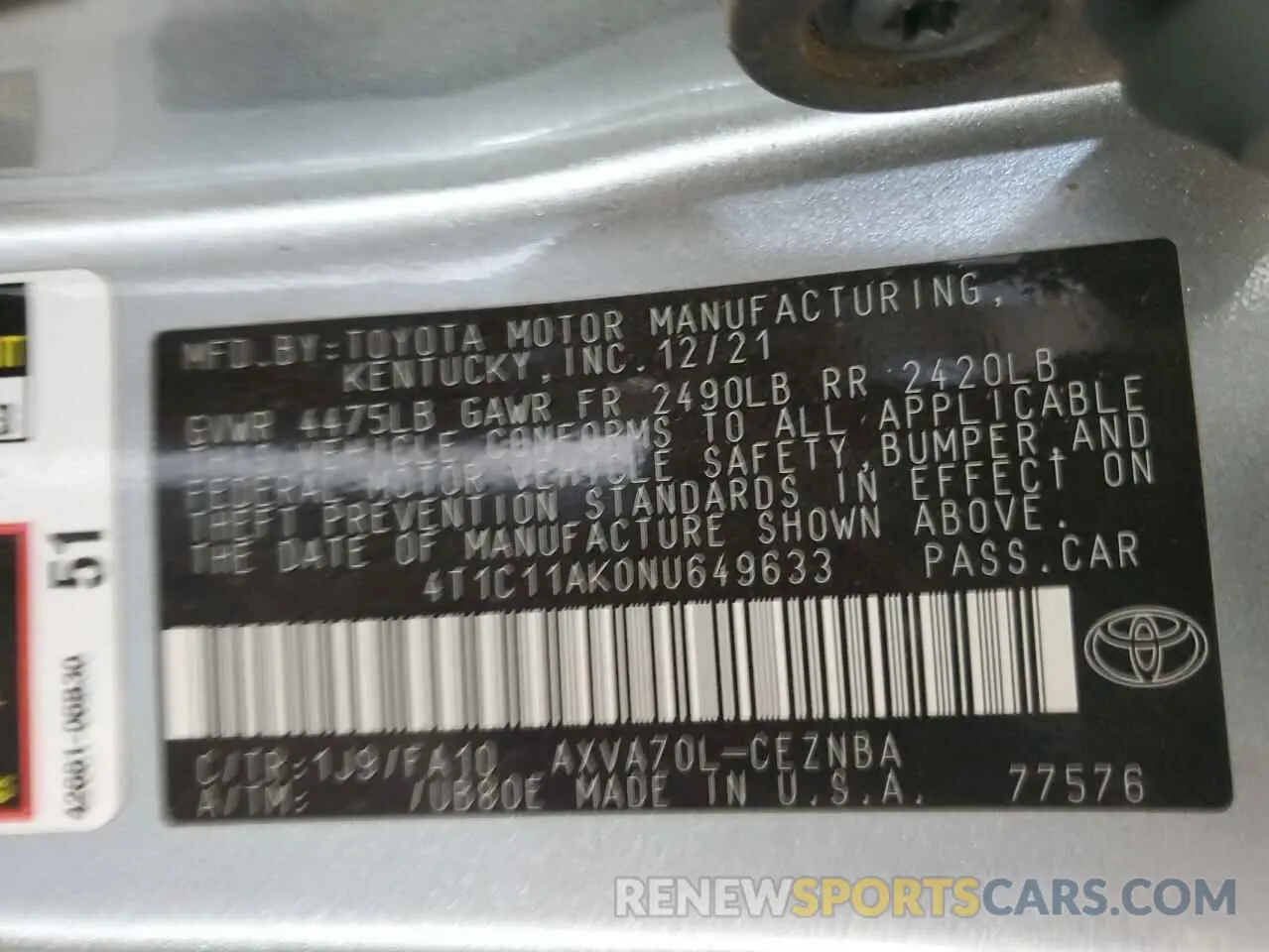 13 Photograph of a damaged car 4T1C11AK0NU649633 TOYOTA CAMRY 2022