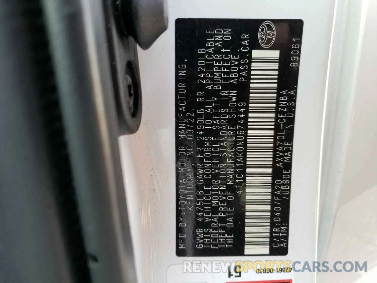 12 Фотография поврежденного автомобиля 4T1C11AK0NU674449 TOYOTA CAMRY 2022