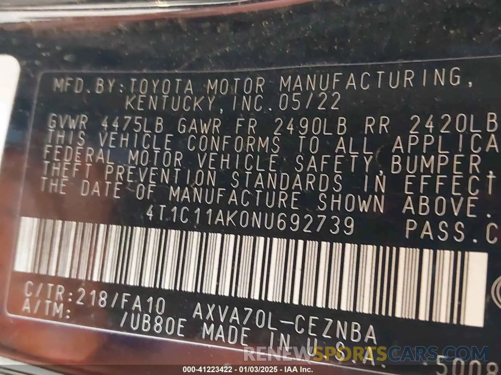 9 Фотография поврежденного автомобиля 4T1C11AK0NU692739 TOYOTA CAMRY 2022