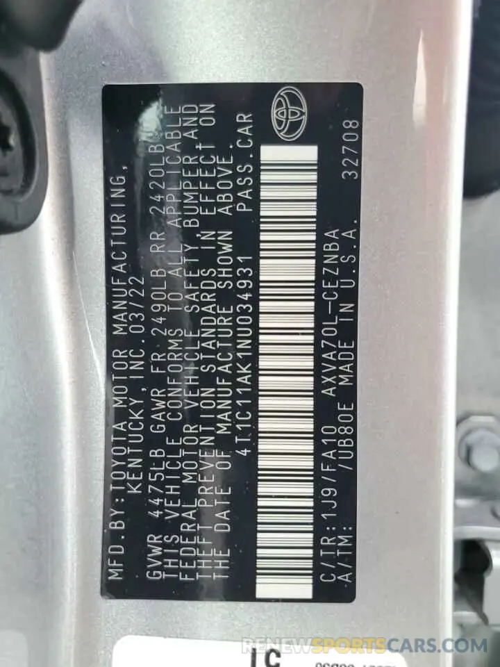 12 Фотография поврежденного автомобиля 4T1C11AK1NU034931 TOYOTA CAMRY 2022