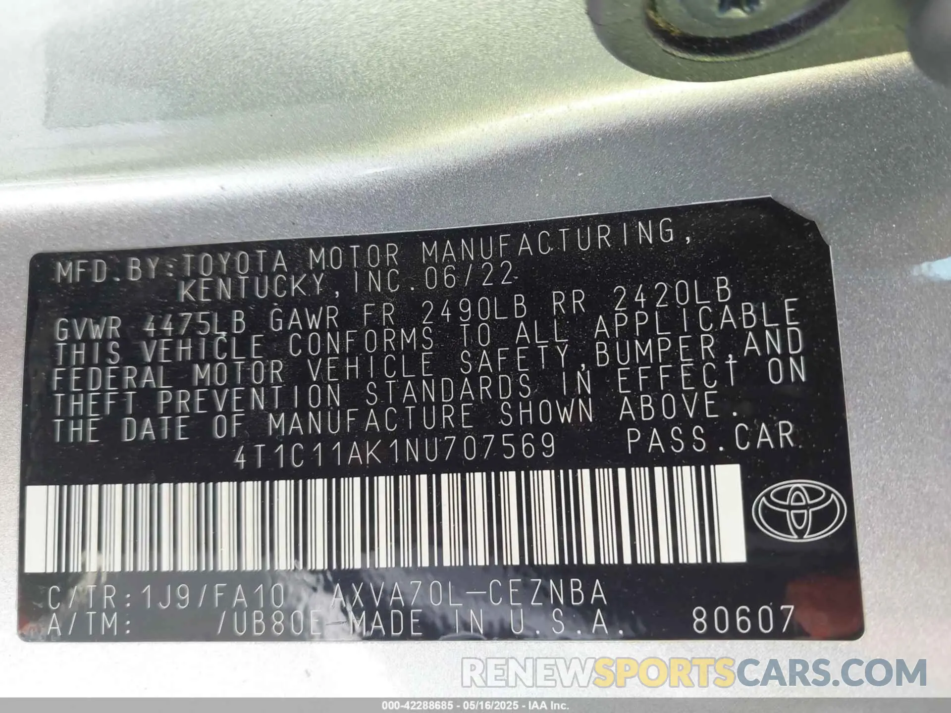 9 Фотография поврежденного автомобиля 4T1C11AK1NU707569 TOYOTA CAMRY 2022