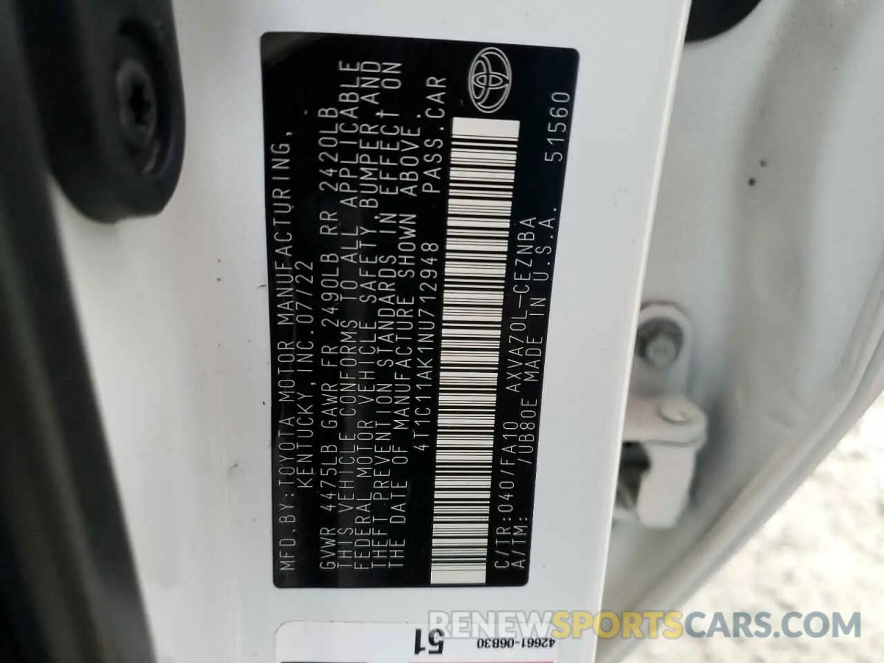 12 Фотография поврежденного автомобиля 4T1C11AK1NU712948 TOYOTA CAMRY 2022