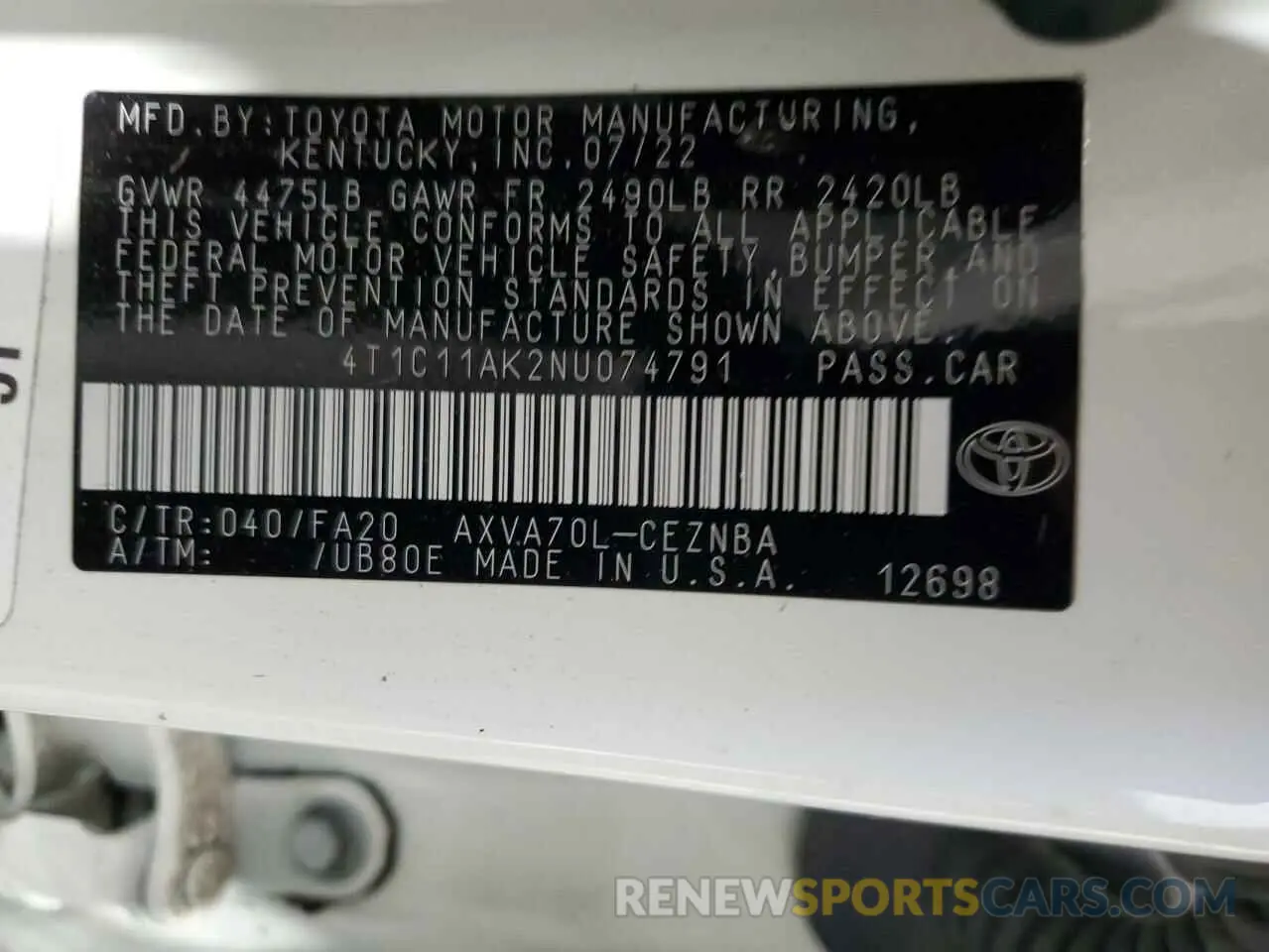 13 Фотография поврежденного автомобиля 4T1C11AK2NU074791 TOYOTA CAMRY 2022