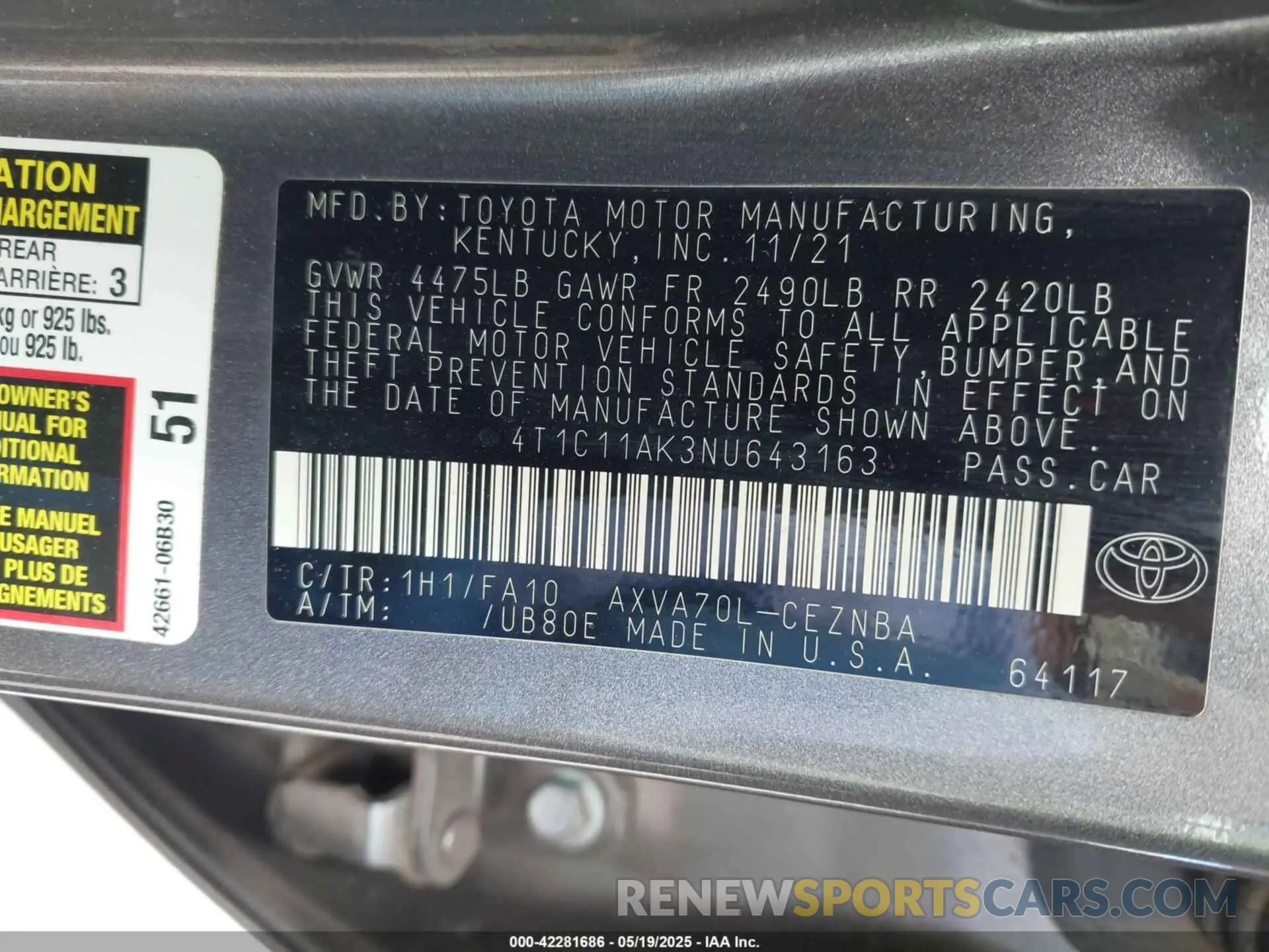 9 Photograph of a damaged car 4T1C11AK3NU643163 TOYOTA CAMRY 2022