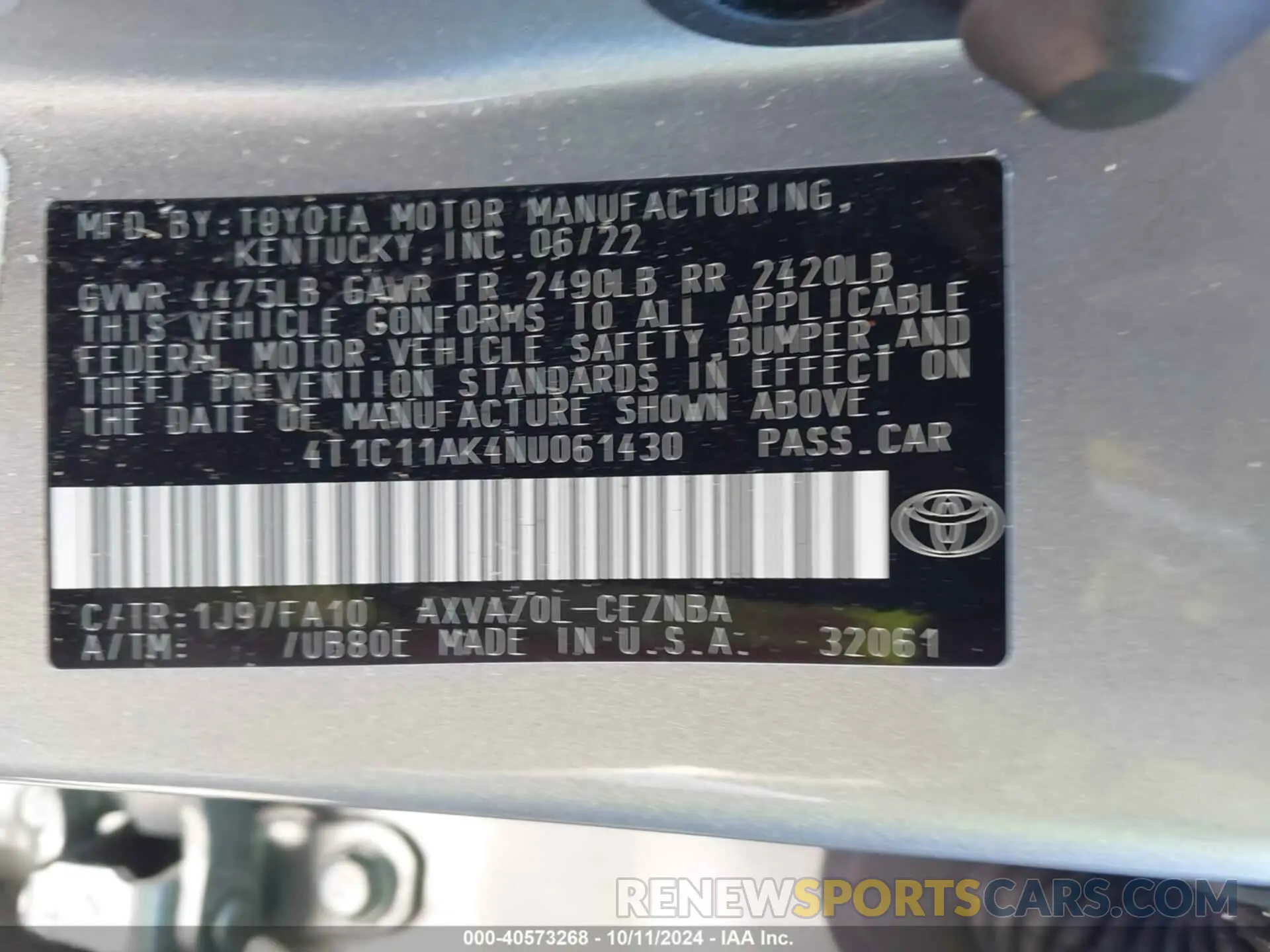 9 Photograph of a damaged car 4T1C11AK4NU061430 TOYOTA CAMRY 2022