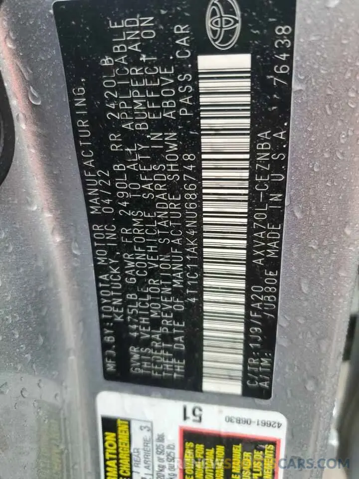 13 Фотография поврежденного автомобиля 4T1C11AK4NU686748 TOYOTA CAMRY 2022