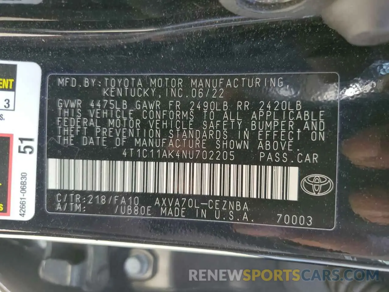 13 Фотография поврежденного автомобиля 4T1C11AK4NU702205 TOYOTA CAMRY 2022