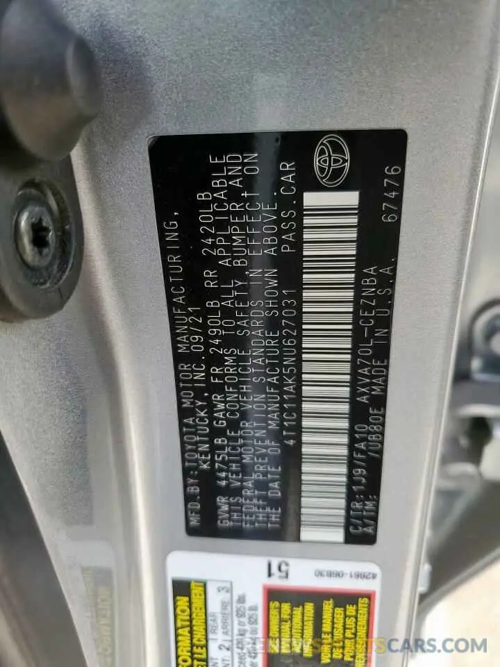 12 Фотография поврежденного автомобиля 4T1C11AK5NU627031 TOYOTA CAMRY 2022