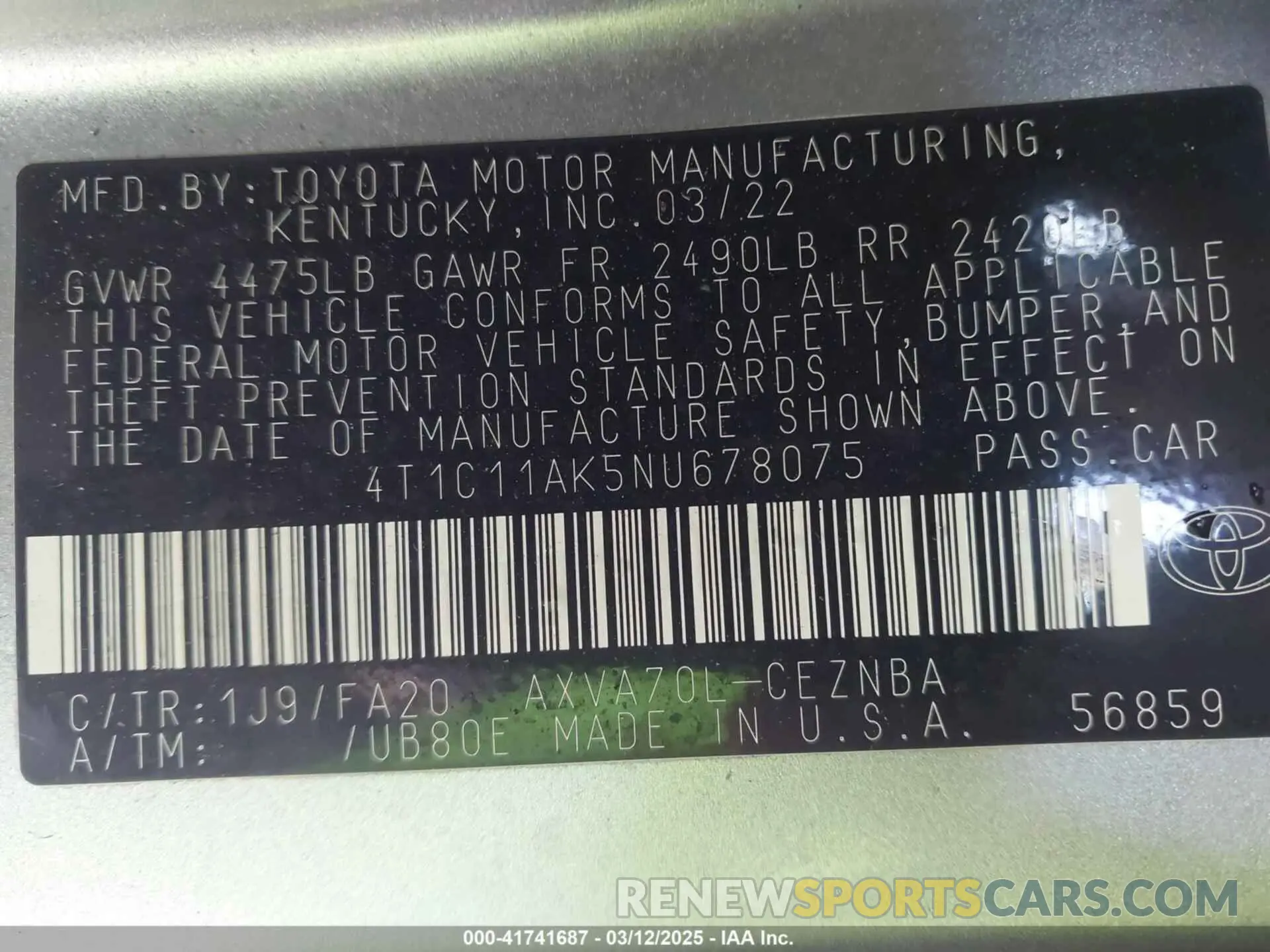 9 Photograph of a damaged car 4T1C11AK5NU678075 TOYOTA CAMRY 2022