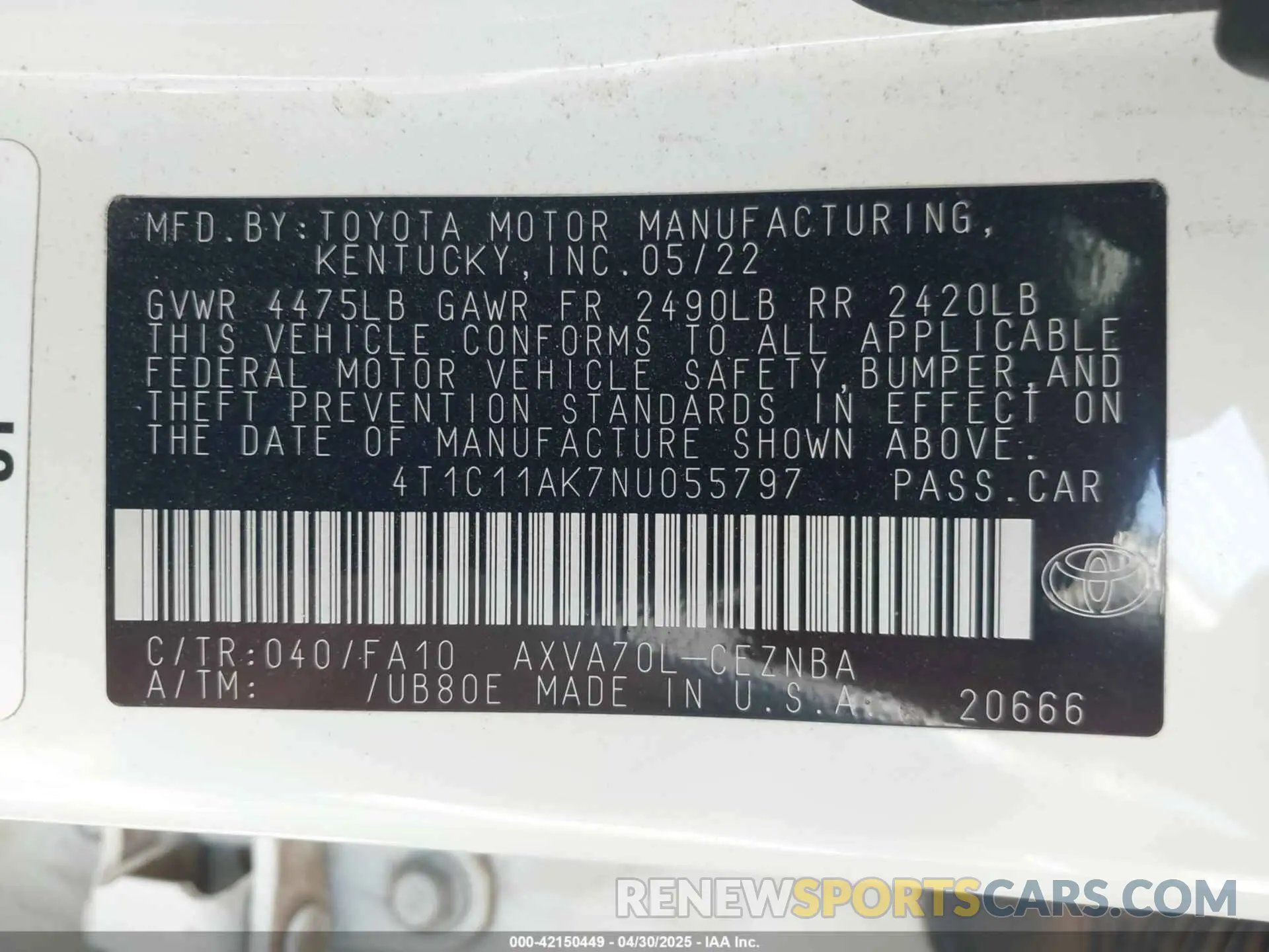9 Photograph of a damaged car 4T1C11AK7NU055797 TOYOTA CAMRY 2022
