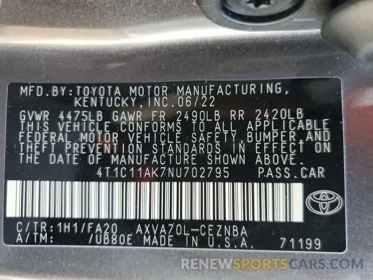 10 Photograph of a damaged car 4T1C11AK7NU702795 TOYOTA CAMRY 2022