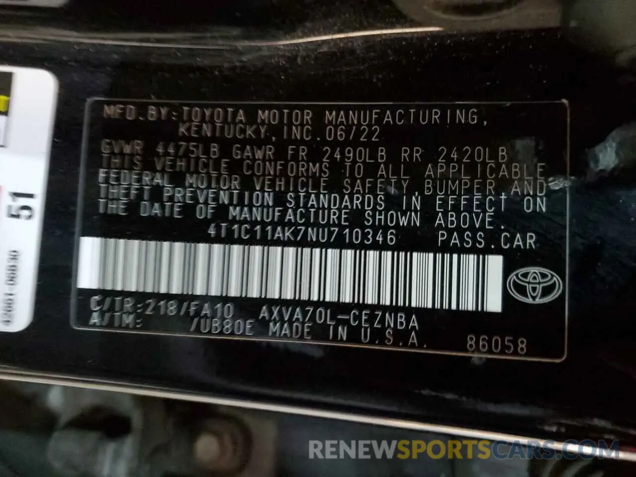 13 Фотография поврежденного автомобиля 4T1C11AK7NU710346 TOYOTA CAMRY 2022