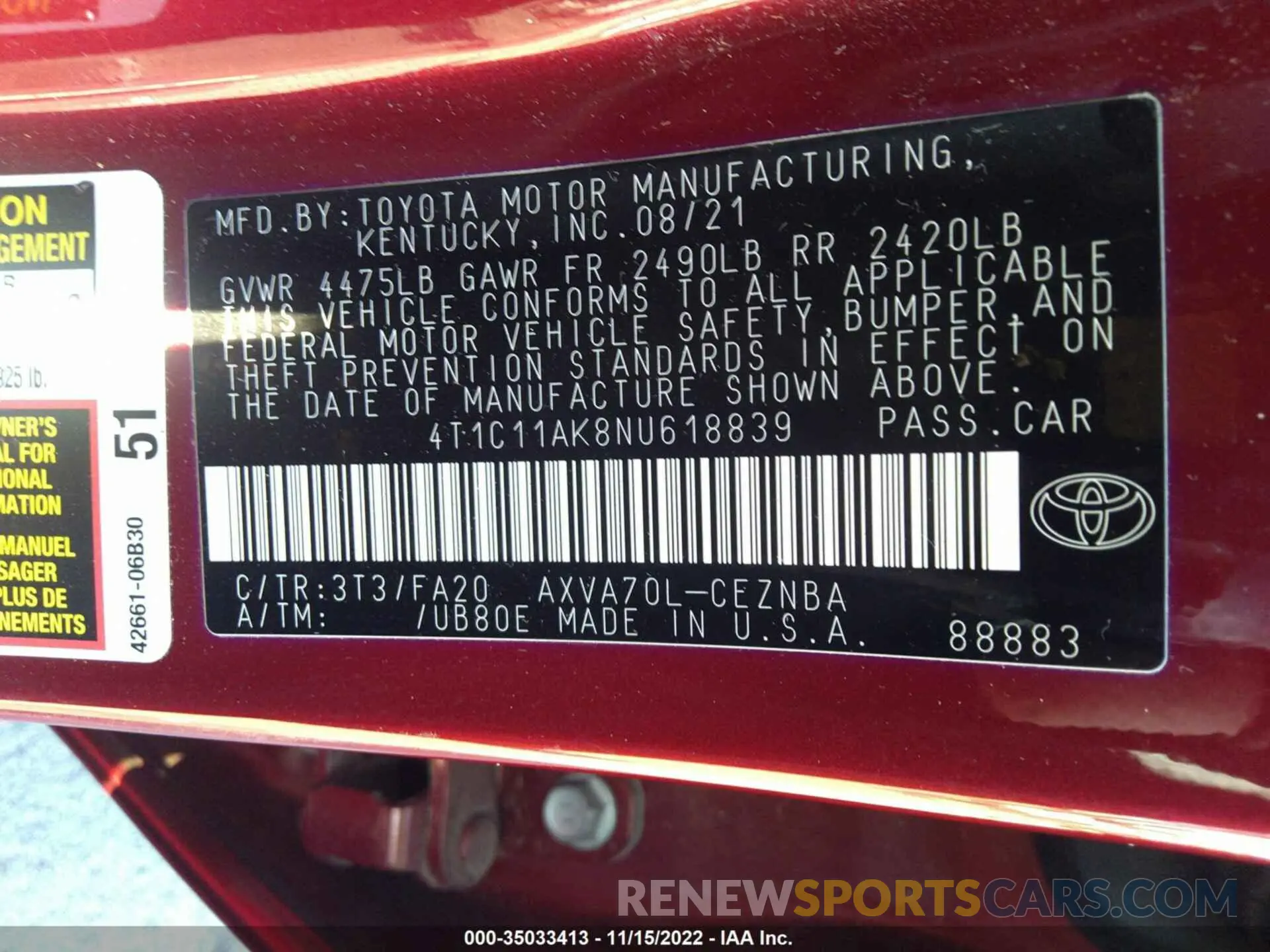 9 Фотография поврежденного автомобиля 4T1C11AK8NU618839 TOYOTA CAMRY 2022