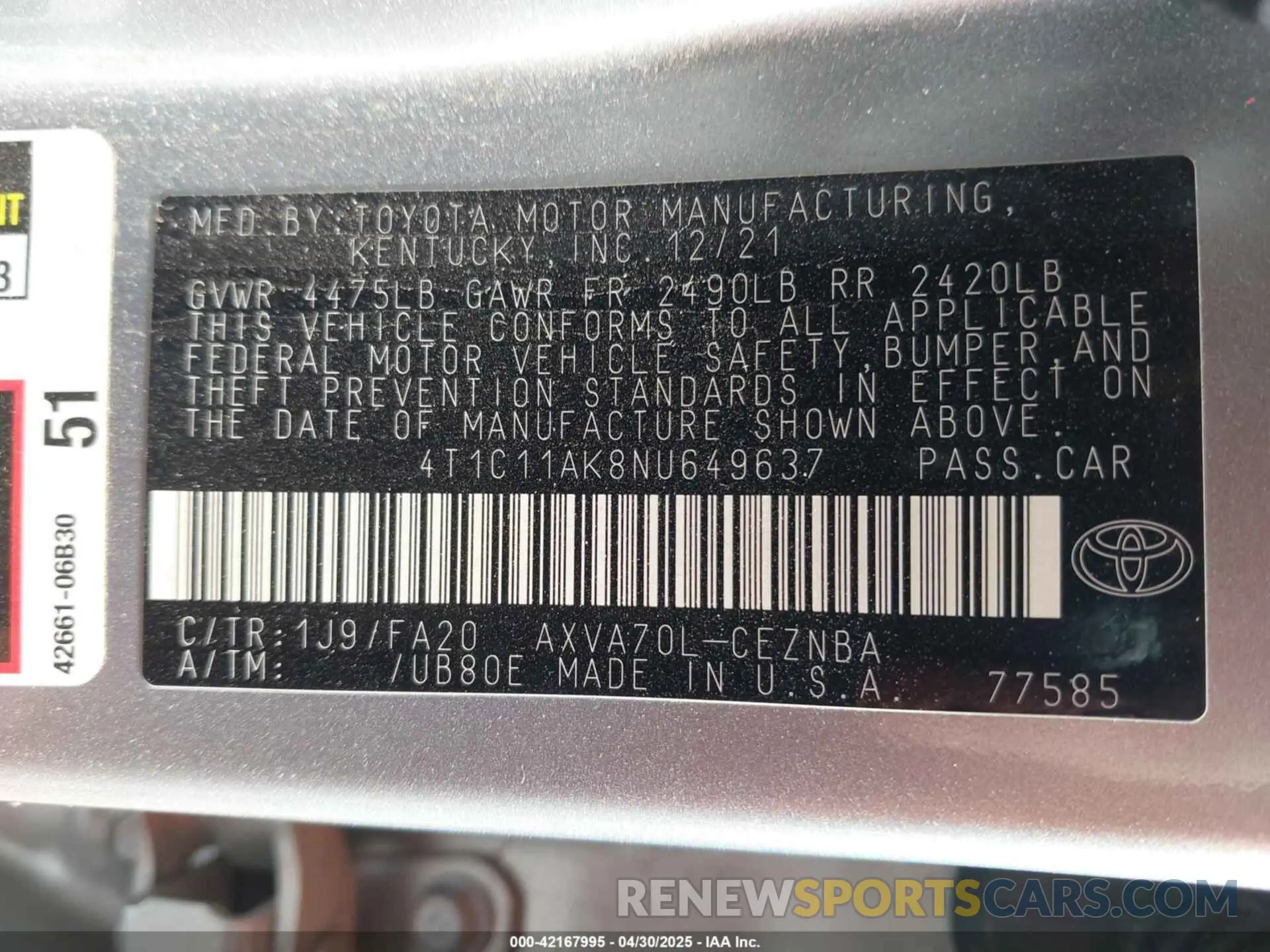 9 Фотография поврежденного автомобиля 4T1C11AK8NU649637 TOYOTA CAMRY 2022