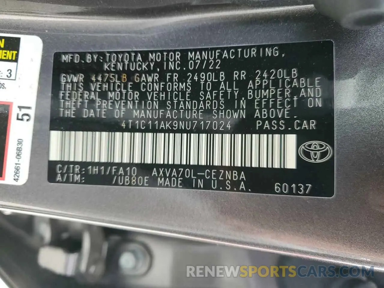 12 Photograph of a damaged car 4T1C11AK9NU717024 TOYOTA CAMRY 2022