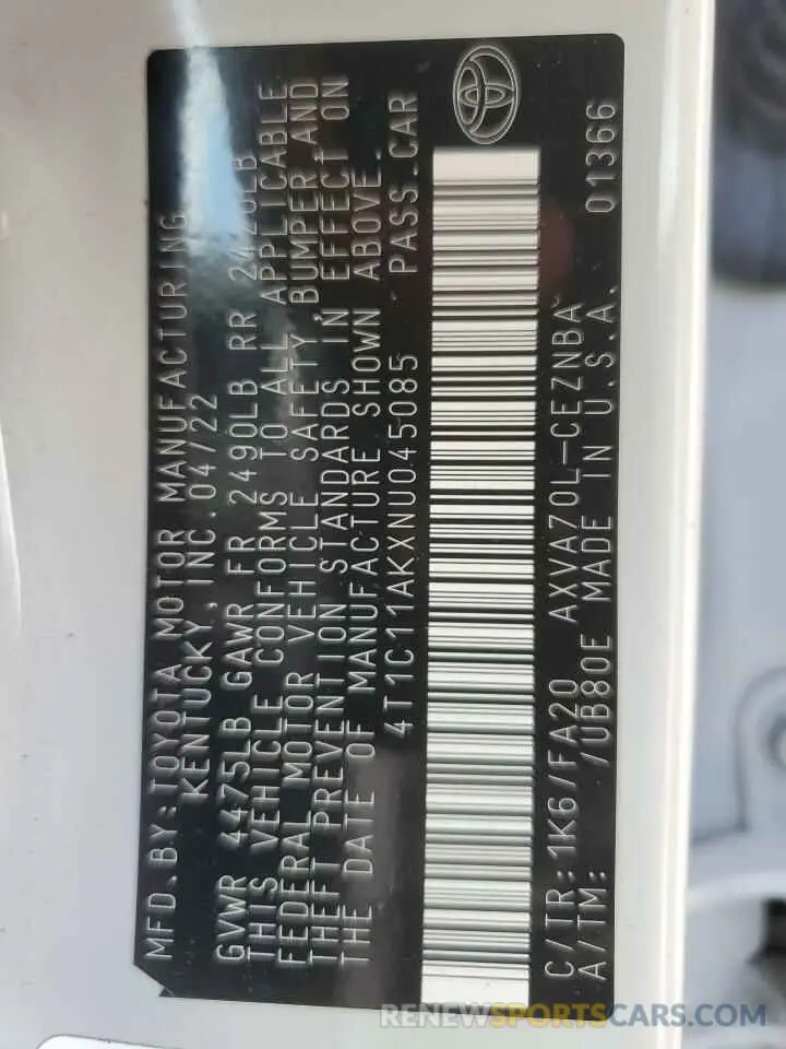 12 Фотография поврежденного автомобиля 4T1C11AKXNU045085 TOYOTA CAMRY 2022
