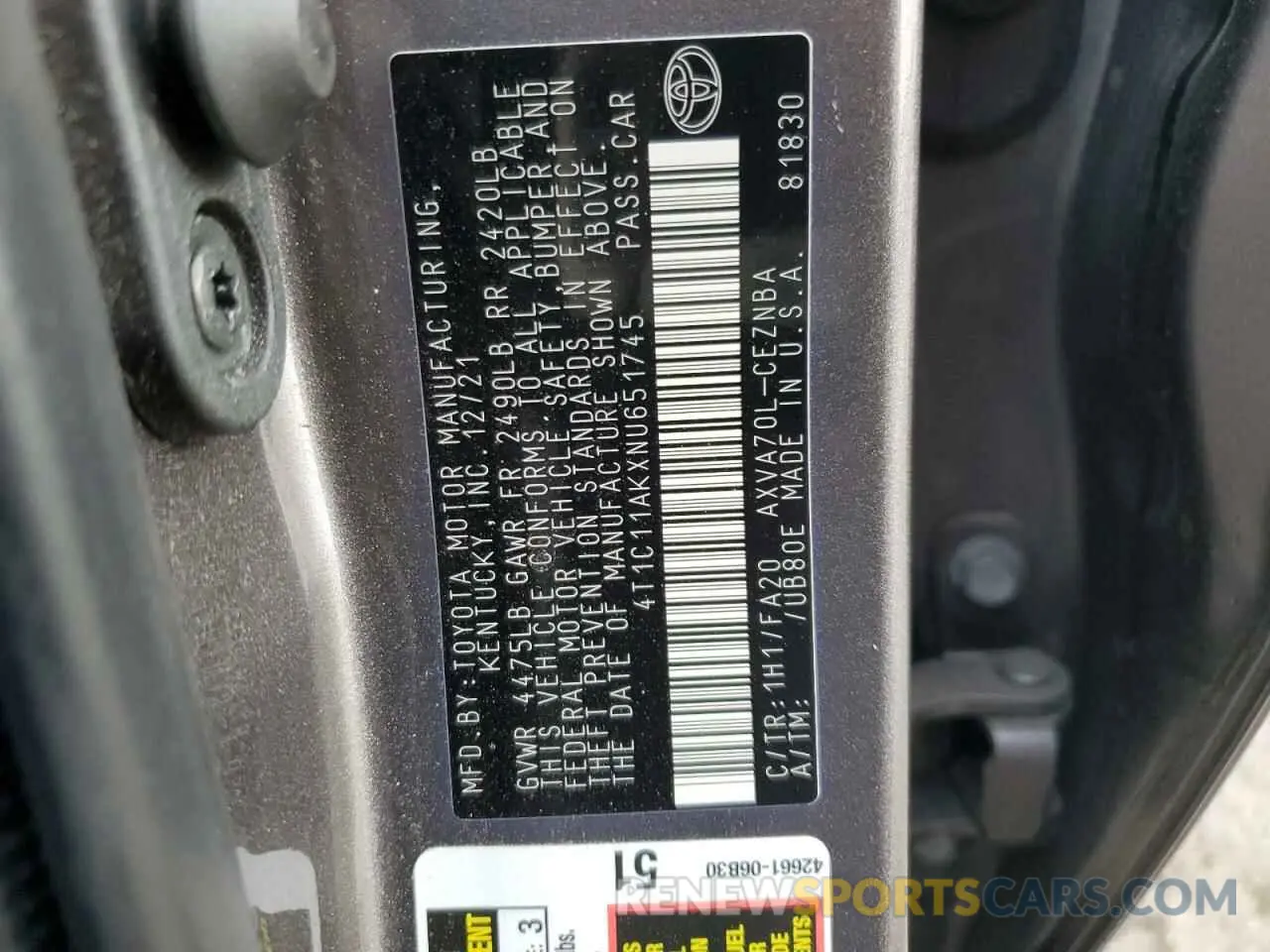 13 Фотография поврежденного автомобиля 4T1C11AKXNU651745 TOYOTA CAMRY 2022