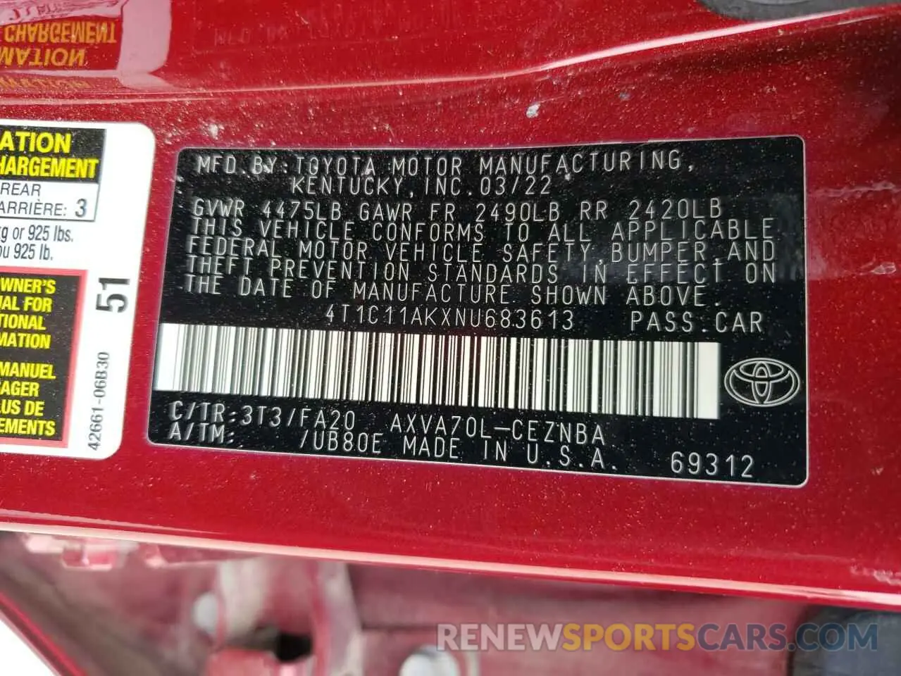 12 Photograph of a damaged car 4T1C11AKXNU683613 TOYOTA CAMRY 2022