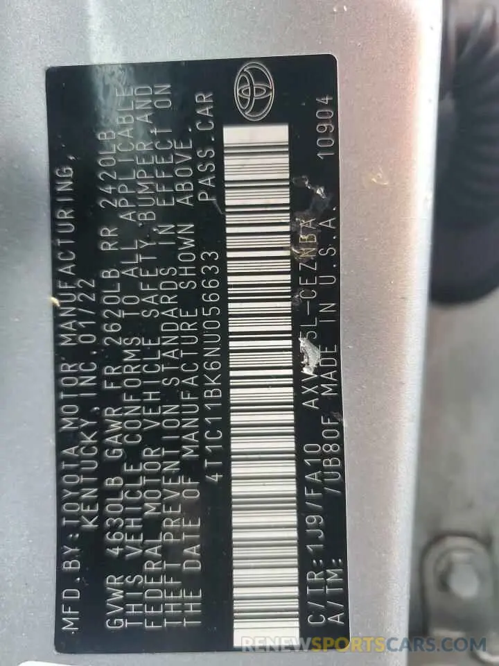 12 Photograph of a damaged car 4T1C11BK6NU056633 TOYOTA CAMRY 2022