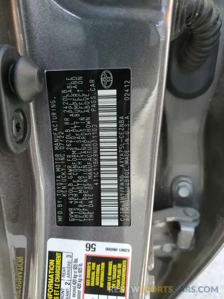 13 Фотография поврежденного автомобиля 4T1C11BK8NU071103 TOYOTA CAMRY 2022