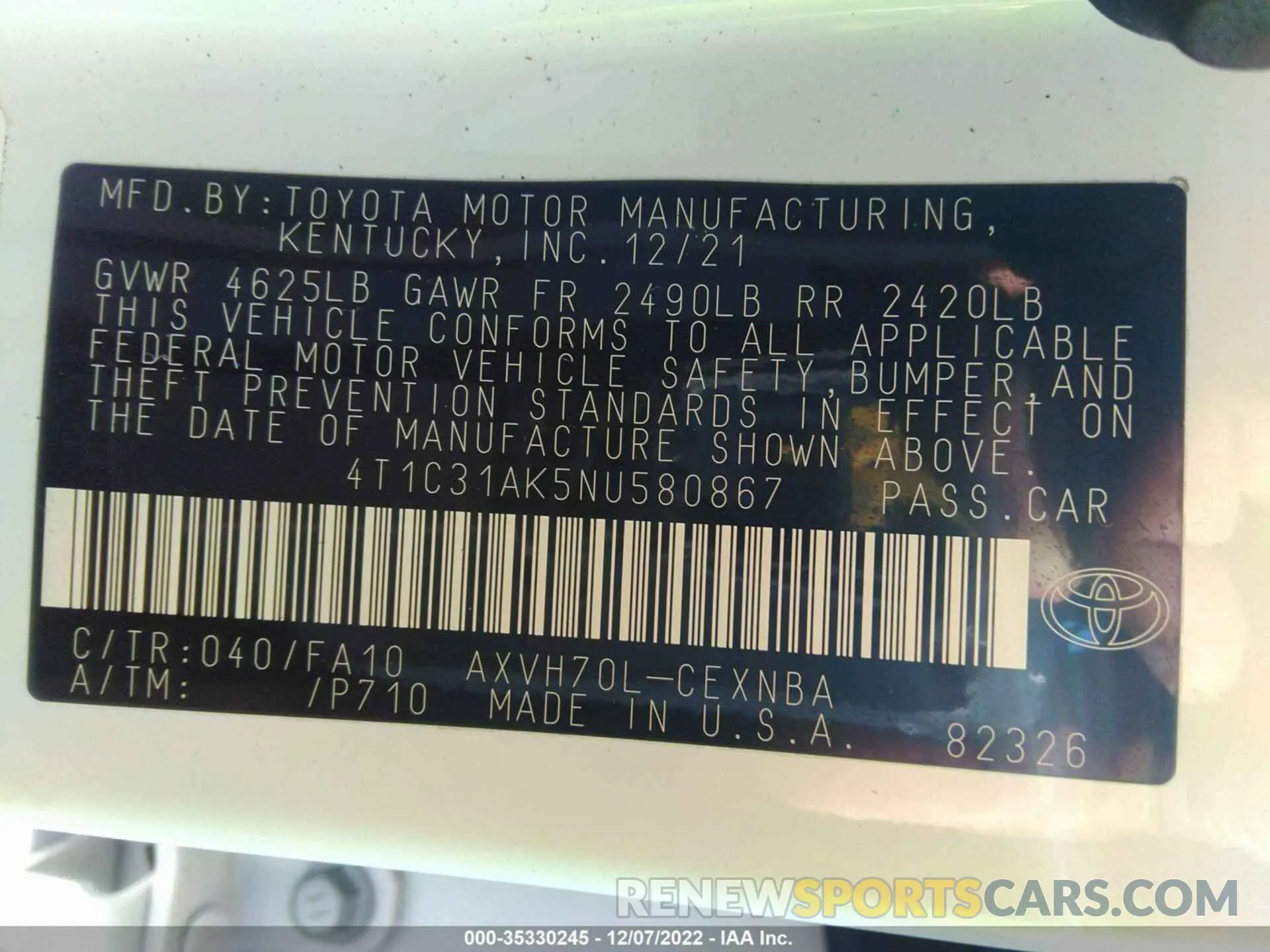 9 Фотография поврежденного автомобиля 4T1C31AK5NU580867 TOYOTA CAMRY 2022