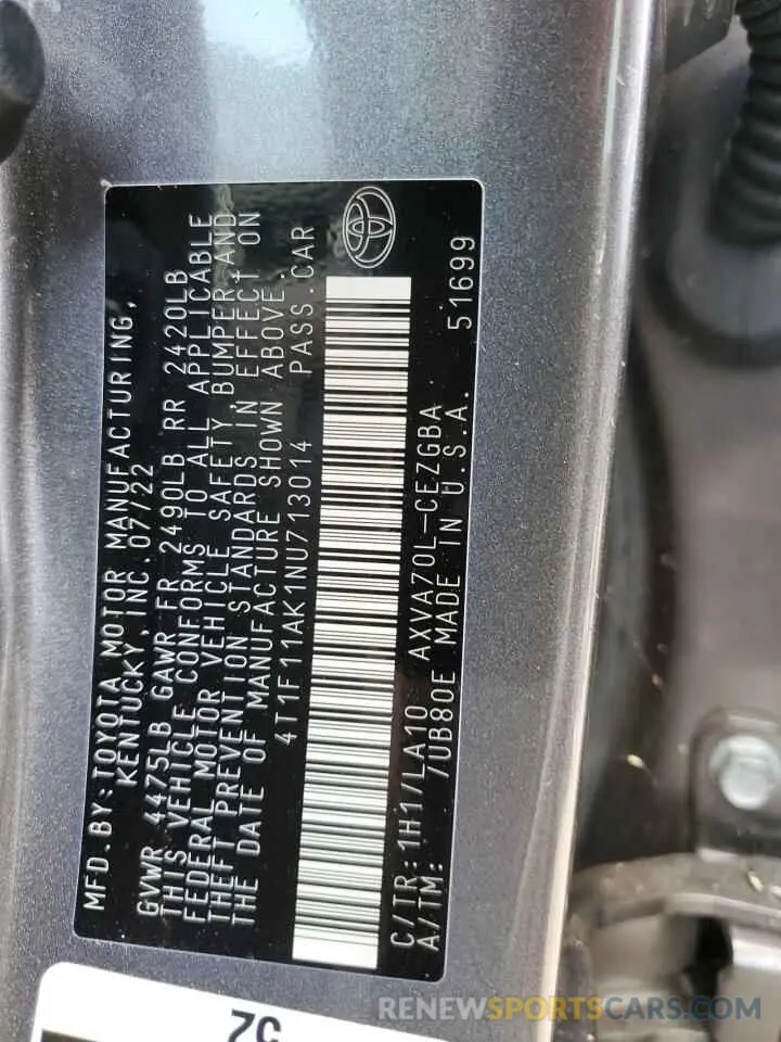 13 Photograph of a damaged car 4T1F11AK1NU713014 TOYOTA CAMRY 2022