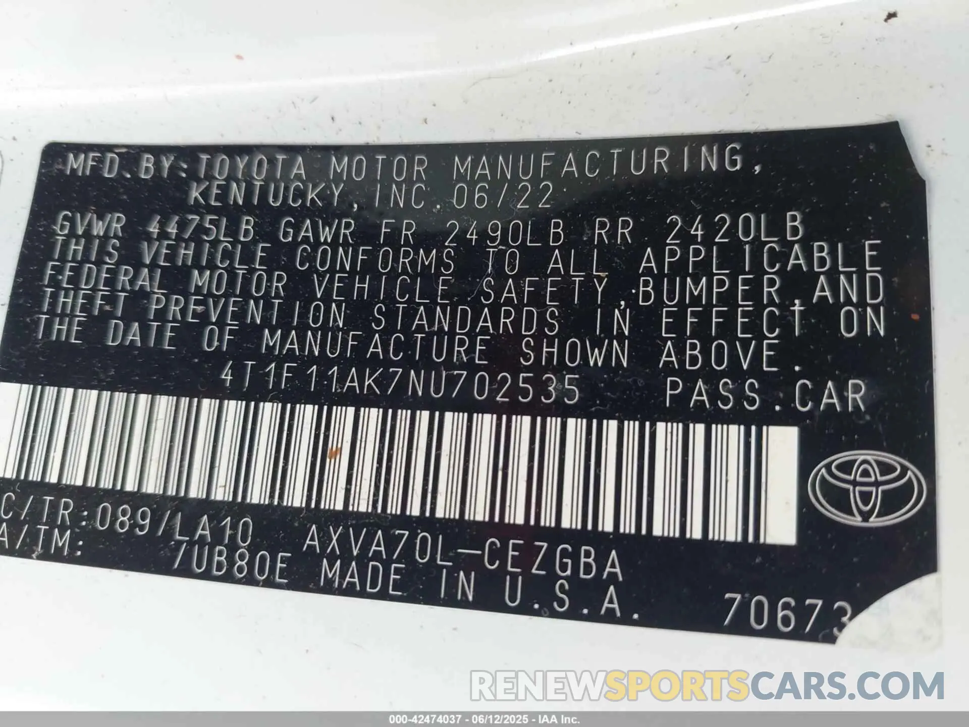 9 Photograph of a damaged car 4T1F11AK7NU702535 TOYOTA CAMRY 2022